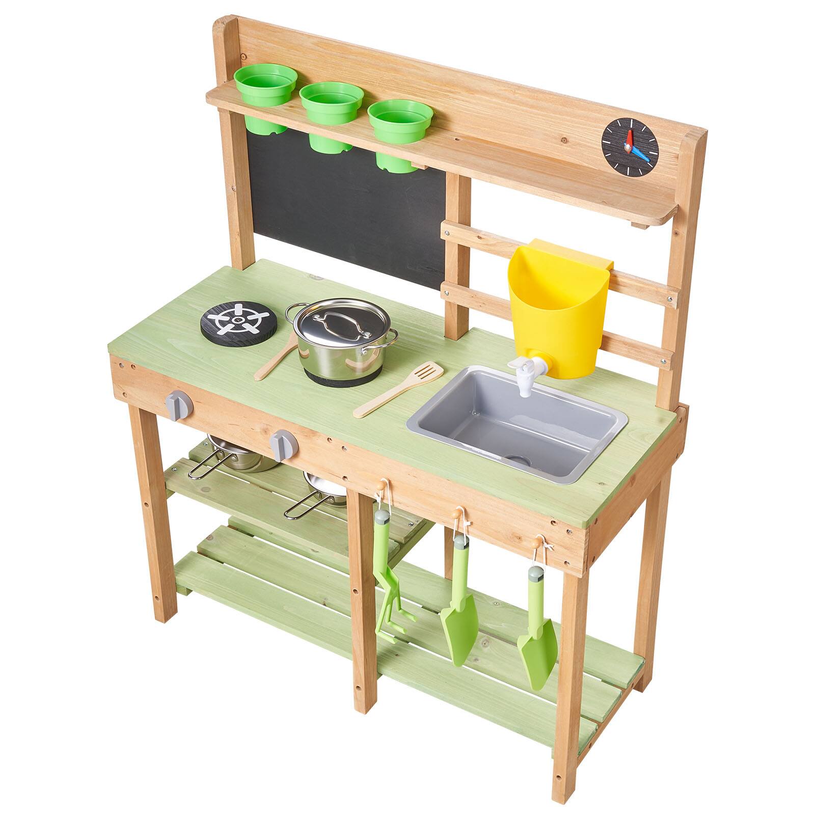 Alt View 5. VEVOR - Mud Kitchen, Outdoor Mud Kitchen for Kids, Wood Outdoor Play Kitchens with Stoves, Tank, Sink, Planting Shovels - Green, Natural Fir.