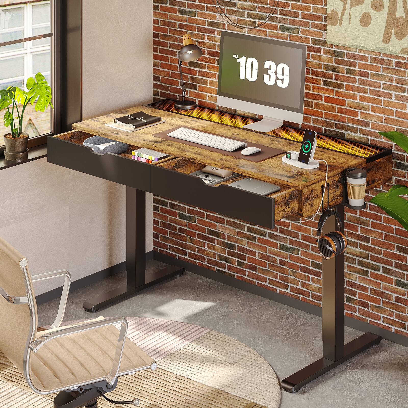 Alt View 12. Bestier - 47inch Adjustable Standing Computer Desk with LED Lights Storage drawer - Brown.