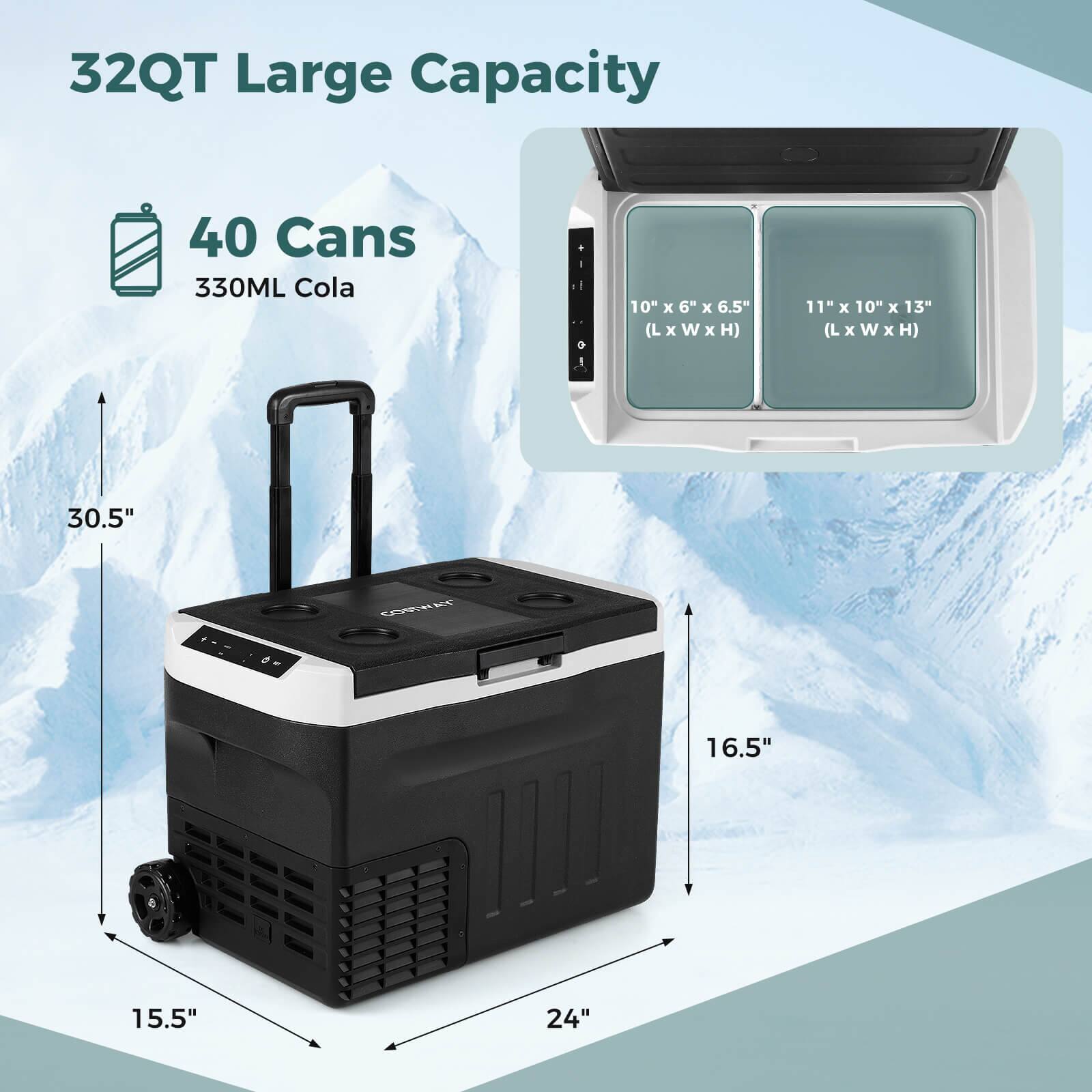 32QT Large Capacity

40 Cans  
330ML Cola

Dimensions:  
10" x 6" x 6.5" (L x W x H)  
11" x 10" x 13" (L x W x H)

Overall Size:  
30.5" x 16.5" x 24"  
15.5" (Height)