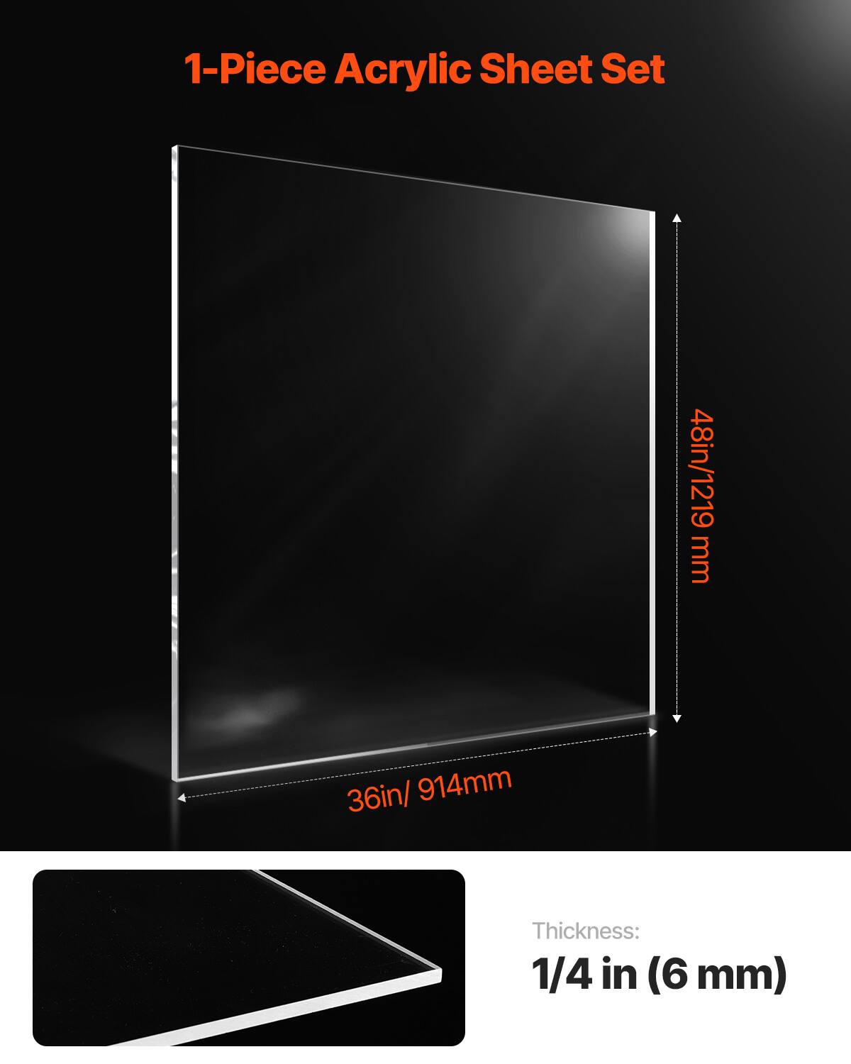 1-Piece Acrylic Sheet Set  
48in/1219 mm x 36in/914mm  
Thickness: 1/4 in (6 mm)