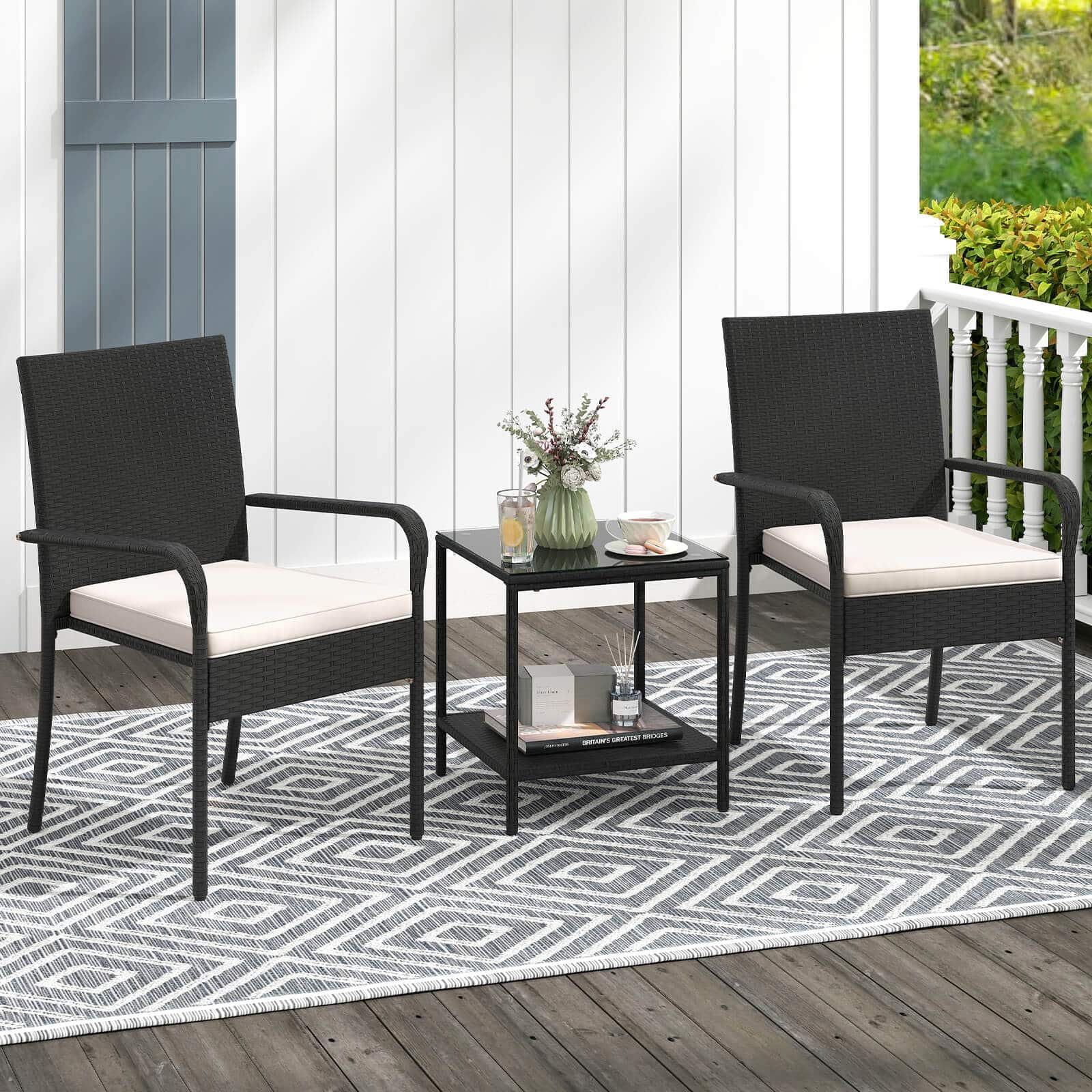 Costway - 3 PCS Patio Furniture Set with 2-Tier Table Tempered Glass Tabletop & Soft Cushions - Black & White