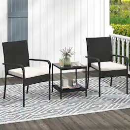 Costway - 3 PCS Patio Furniture Set with 2-Tier Table Tempered Glass Tabletop & Soft Cushions - Black & White
