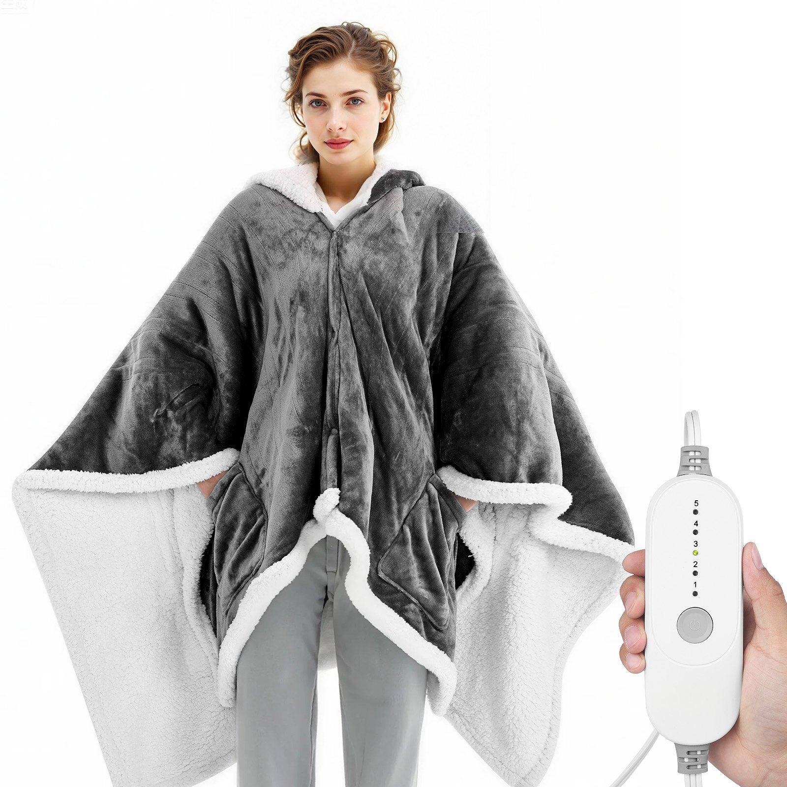 Front. Glintex - Wearable Electric Heated Throw Blanket Shawl Hoodie, 5 Heat Levels, 3H Auto-Off, Overheat Protection, Machine Washable - Gray + White.