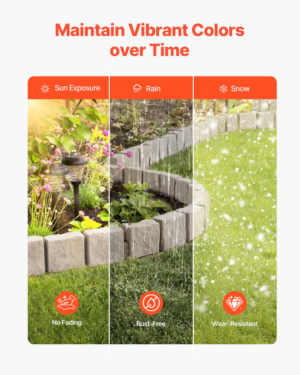 Maintain Vibrant Colors over Time

Sun Exposure  
No Fading

Rain  
Rust-Free

Snow  
Wear-Resistant
