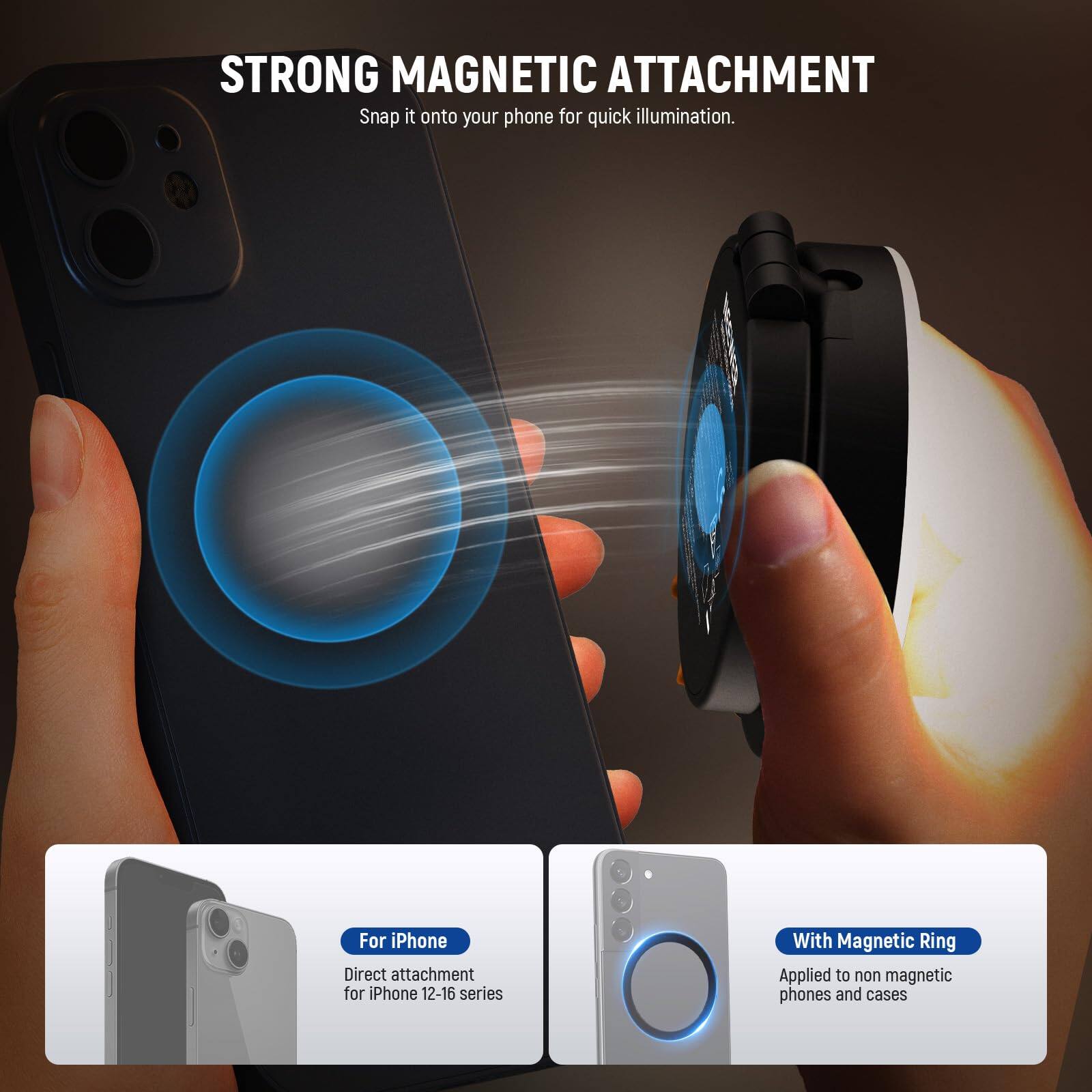 STRONG MAGNETIC ATTACHMENT  
Snap it onto your phone for quick illumination.  

For iPhone  
Direct attachment for iPhone 12-16 series  

With Magnetic Ring  
Applied to non-magnetic phones and cases