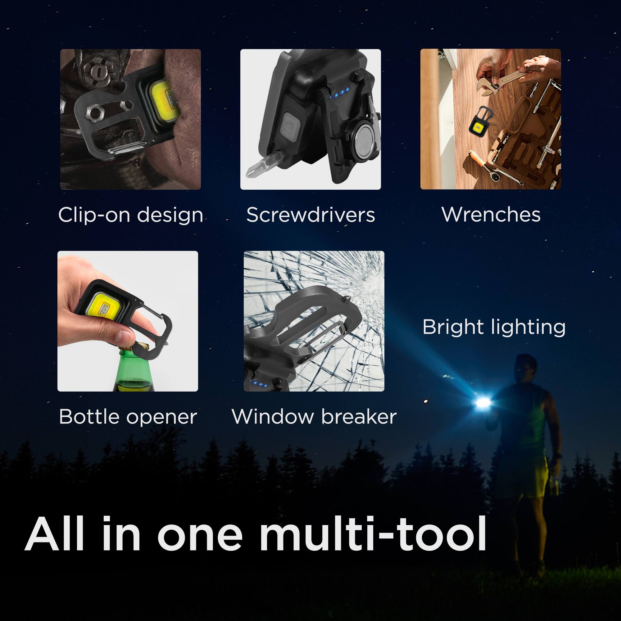 Clip-on design  
Screwdrivers  
Wrenches  
Bright lighting  
Bottle opener  
Window breaker  

All in one multi-tool