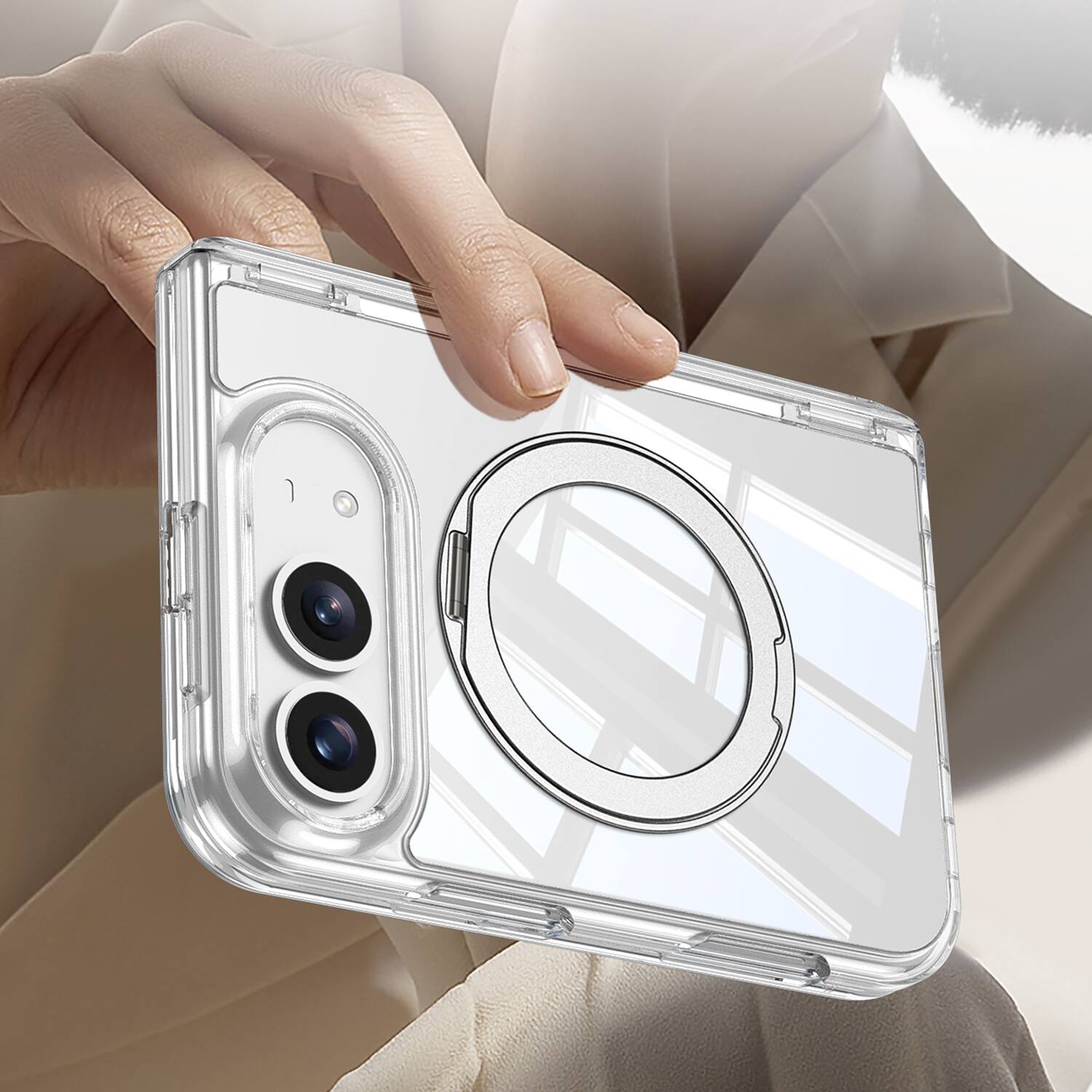 Alt View 1. Dteck - for iPhone Duo Clear Case with Magnetic Rotatable Ring Kickstand, Hinge Protection with Built-in Screen Cover - Clear.