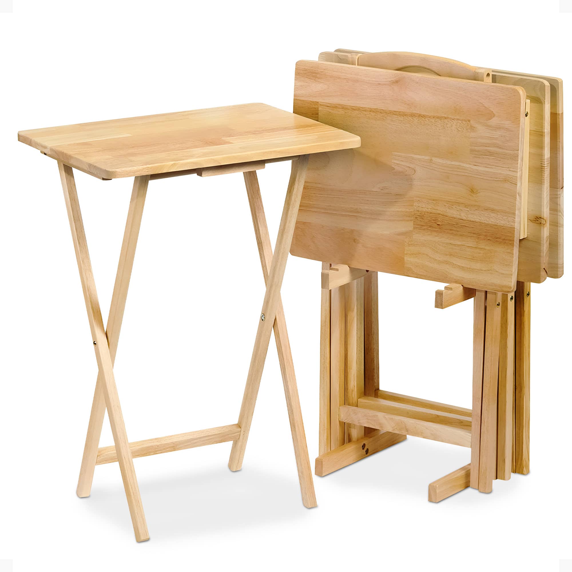 PJ Wood - Folding TV Tray Tables with Compact Storage Rack 5 Piece Furniture Set - Natural
