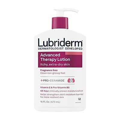 Lubriderm  
DERMATOLOGIST DEVELOPED  

Advanced Therapy Lotion  
Itchy, extra-dry skin  

Fragrance free  
Clean non-greasy feel  

+ PRO-CERAMIDE  
Vitamin E & Pro-Vitamin B5  

48-hour clinically proven moisturization  
Helps strengthen skin's moisture barrier for more resilient skin  

16 FL Oz. (473 mL)