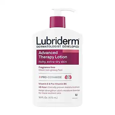 Lubriderm
DERMATOLOGIST DEVELOPED
Advanced Therapy Lotion
Itchy, extra-dry skin
Fragrance free
Clean non-greasy feel
+ PRO-CERAMIDE
Vitamin E & Pro-Vitamin B5
48-hour clinically proven moisturization
Helps strengthen skin's moisture barrier for more resilient skin
16 FL Oz. (473 mL)