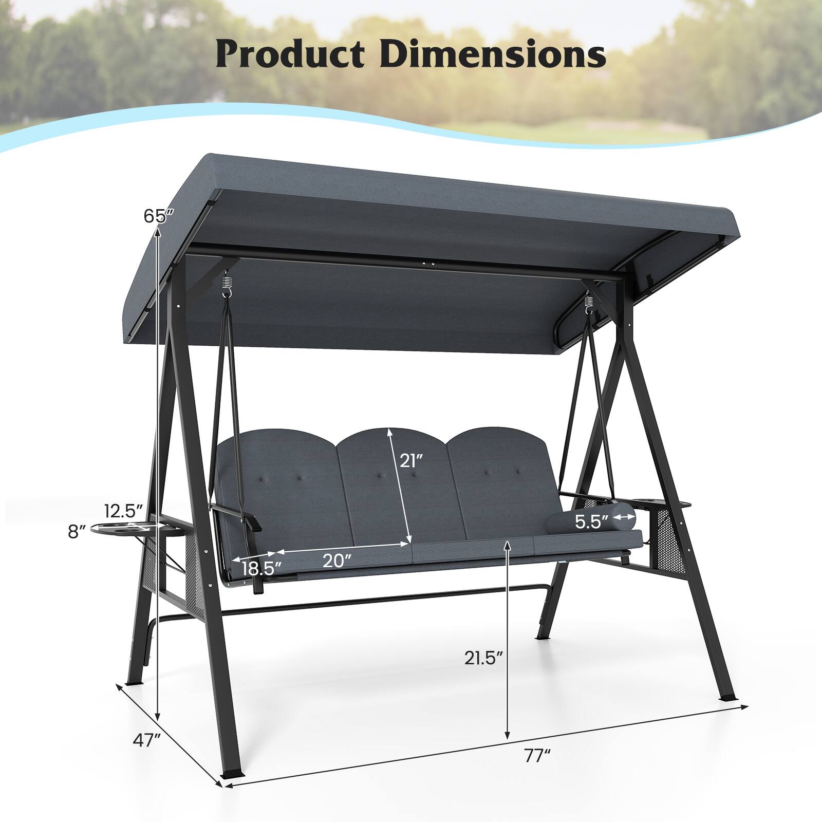 Alt View 2. Gymax - Gymax 3-Seat Patio Swing Chair w/ Adjustable Canopy Thickened Cushions Pillow Outdooor Gray - Gray.
