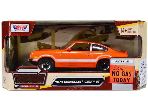 MOTOR MAX
ADULT 14+ COLLECTIBLE
FORGOTTEN CLASSICS SERIES
1:24 DIE-CAST COLLECTION
1974 CHEVROLET VEGA GT
FLITE-FUEL
Sorry... NO GAS TODAY
GAS SHORTAGE
Sales Limited
5 GALS.-GG PER CUSTOMER