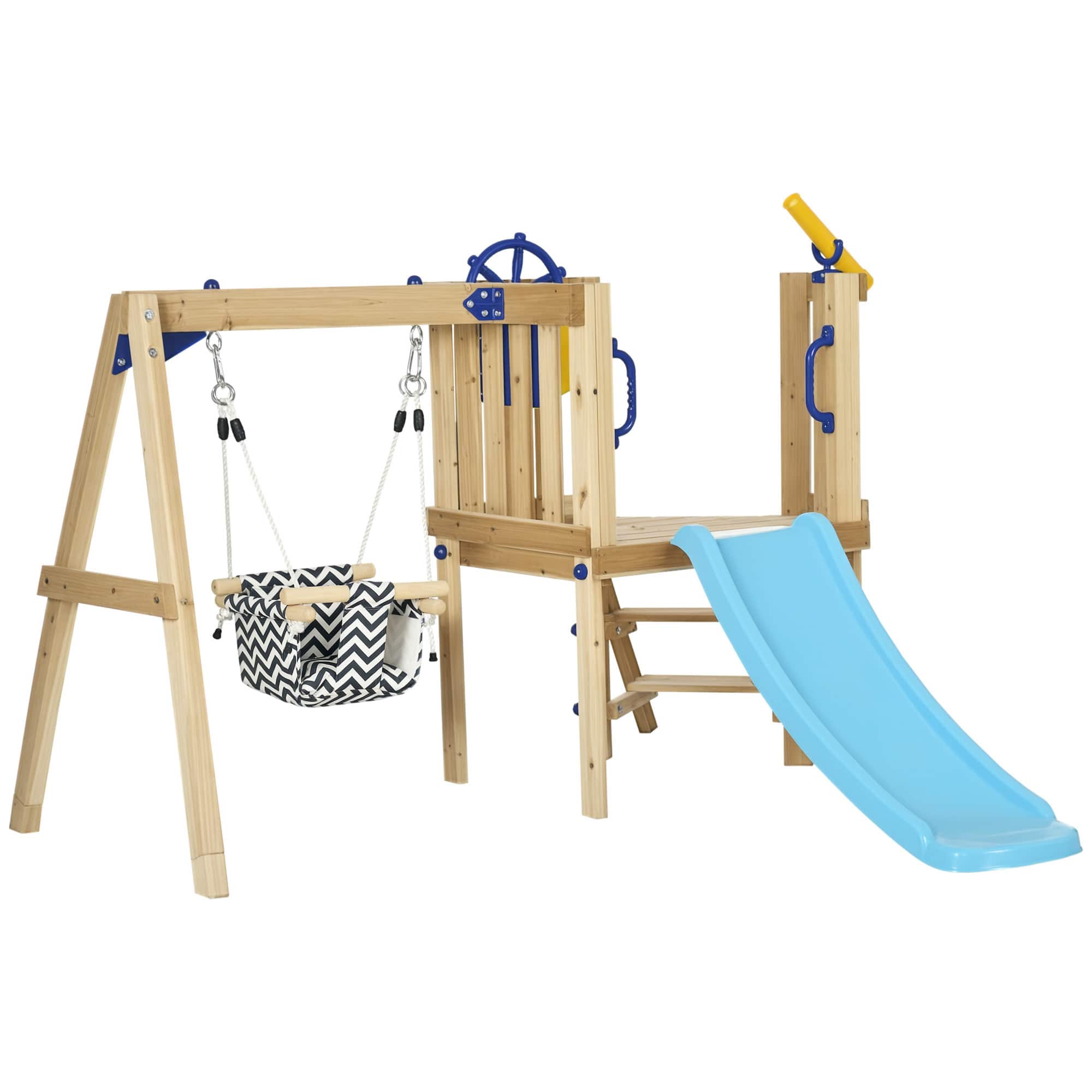 Outsunny - Wooden Swing Set, Backyard, Toddler Outdoor Playset, Baby Swing Seat, Kids Slide, Fort, Captain's Wheel, Telescope
