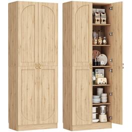 Aheaplus - 80" Arch Kitchen Pantry (2 Sets): 8-Door Wooden Cabinet with Adjustable Shelves, for Multi-Room,Ships in 2 Packages - Natural Oak