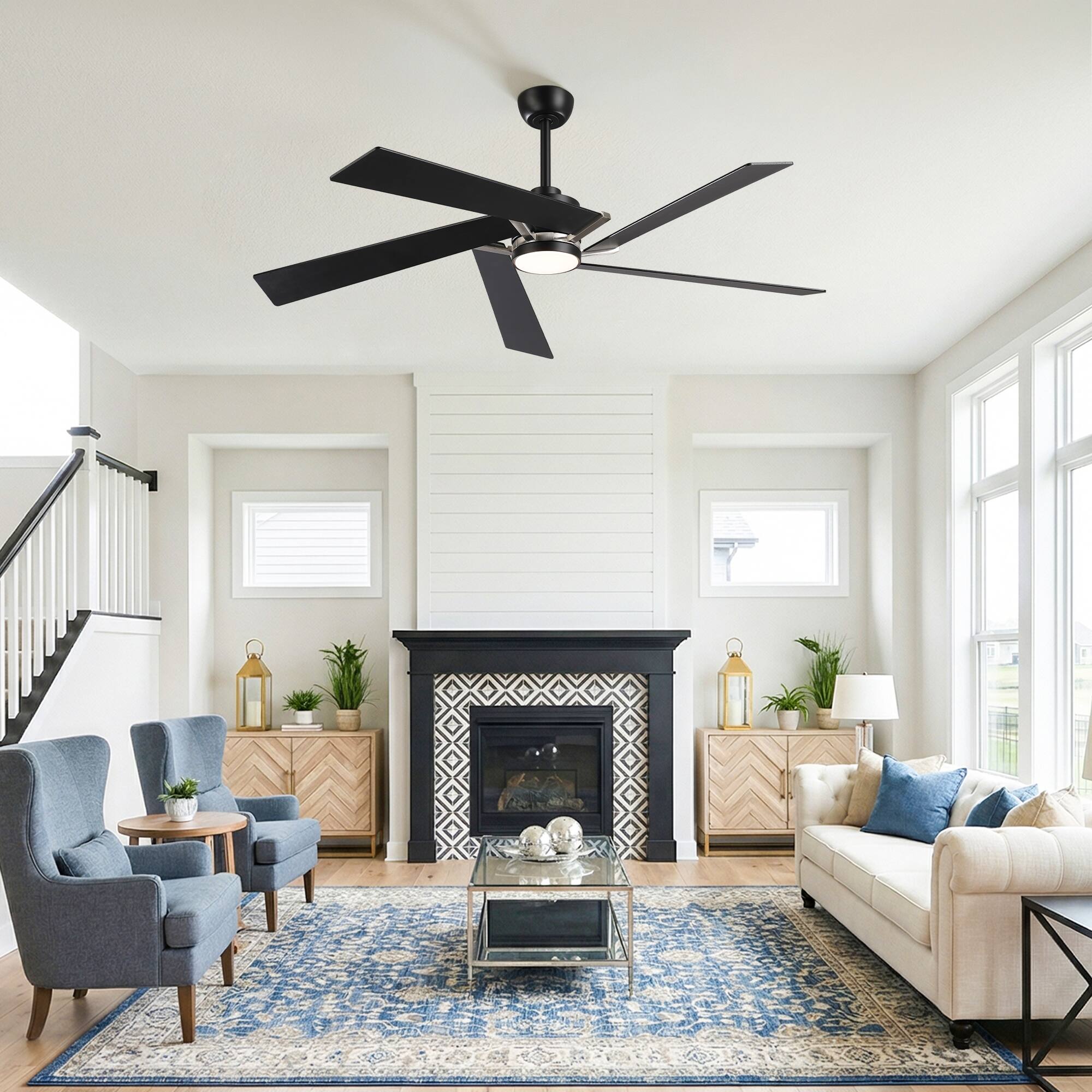 Angle. Parrot Uncle - 60" Modern Black LED Ceiling Fan with Remote Control and Reverible Blades - Black.