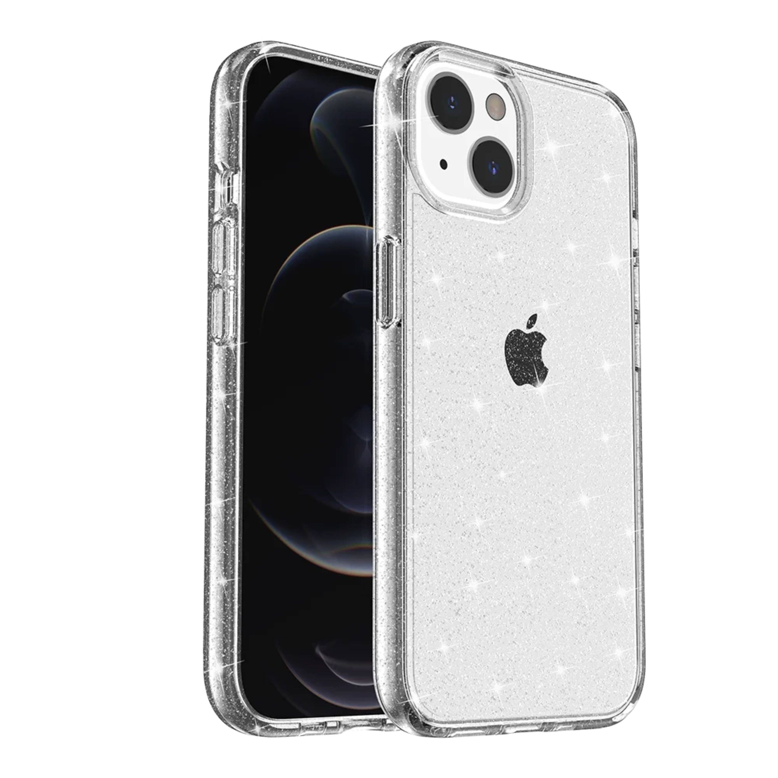 Angle. Kitcheniva - Translucent Glitter 3mm Thick Phone Case With 2 Pcs Screen Protectors For iPhone 15 Pro Max Clear - Clear.