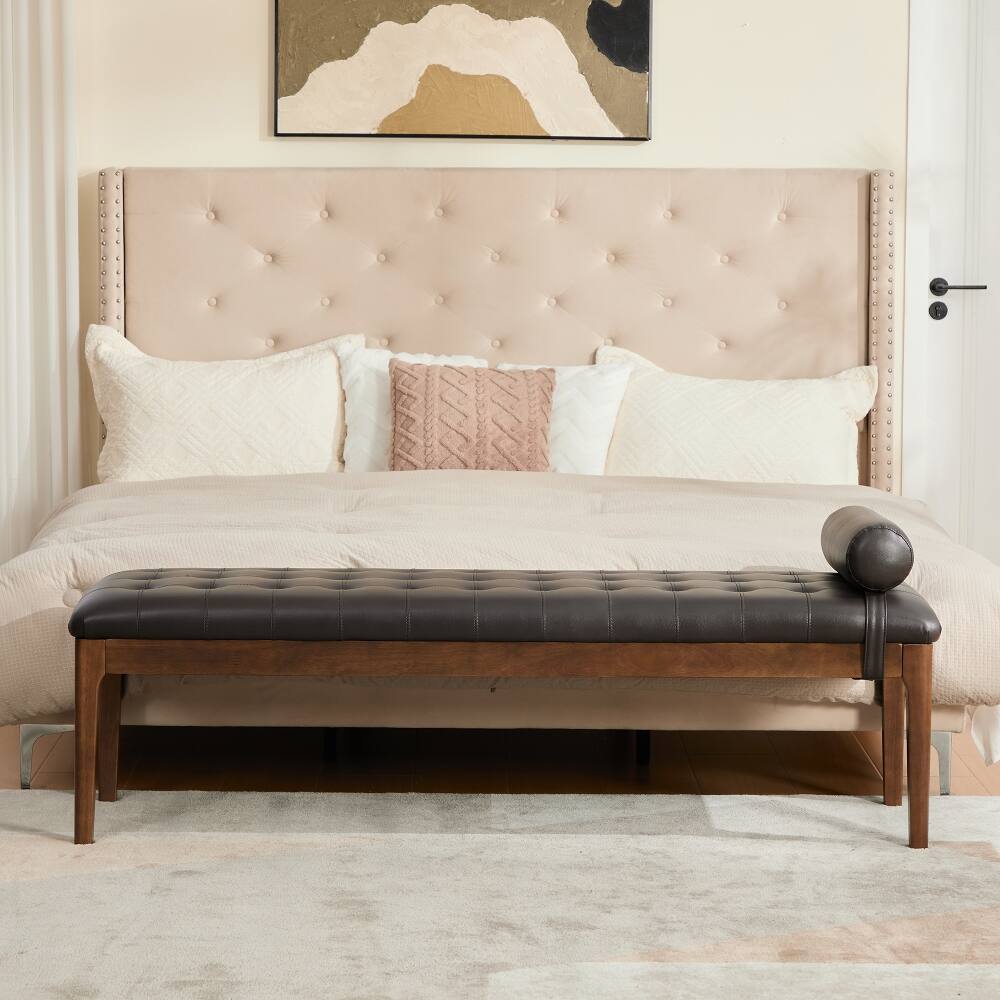 Angle. Ropilly - Ropilly 66 Inch Upholstered End of Bed Bench, Faux Leather Tufted Entryway Shoe Bench with Headrest, Coffee - Coffee.