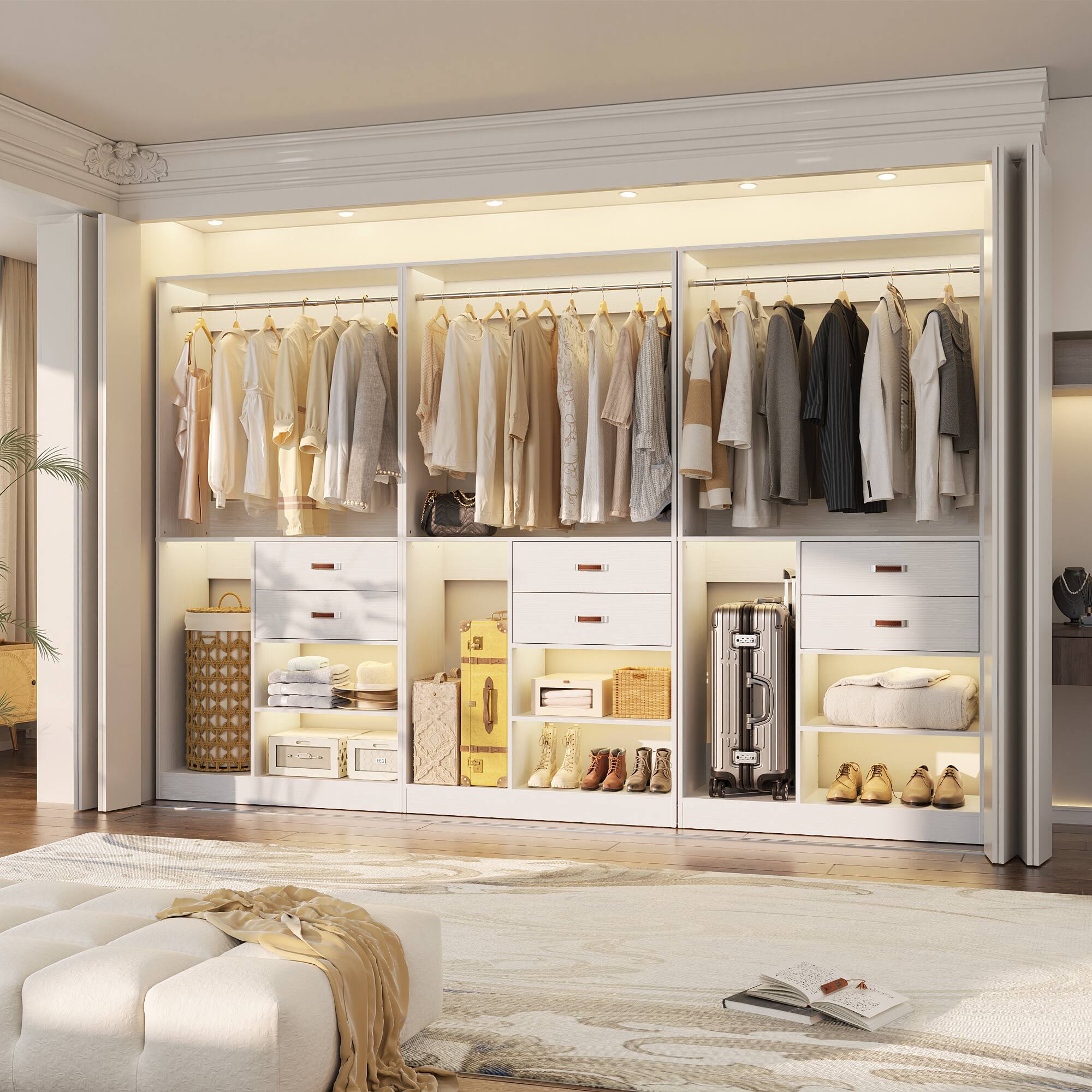 Alt View 2. Aheaplus - 10FT Large Closet Organizer Set of 3, with 6 Drawers, 3 Hanging Rods and Luggage Storage Space - White.