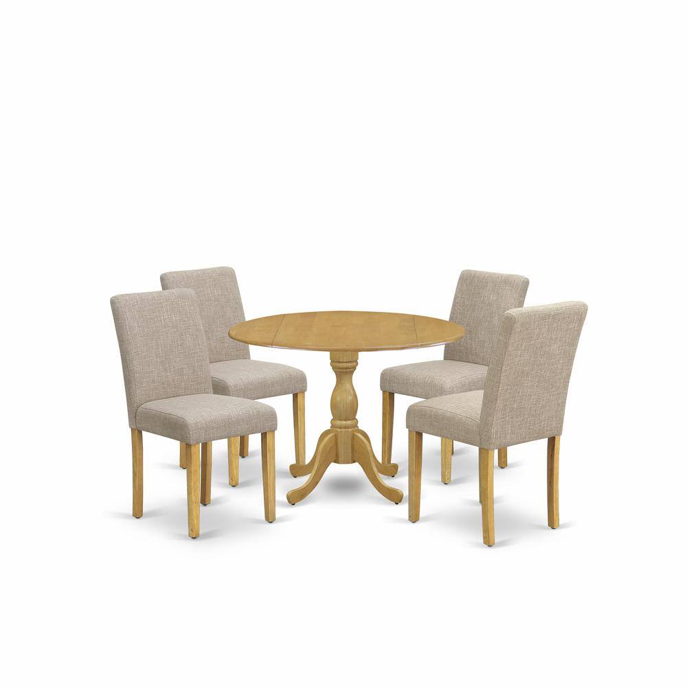 Left. East West Furniture - East West Furniture DMAB5-OAK-04 5 Piece Dining Room Table Set - Oak Wood Dining Table and 4 Light Tan Linen Fabric - Oak.