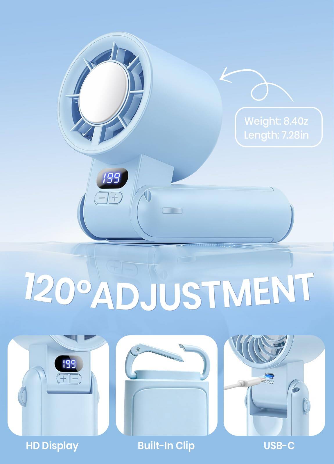Weight: 8.40 oz  
Length: 7.28 in  
120° ADJUSTMENT  
HD Display  
Built-In Clip  
USB-C