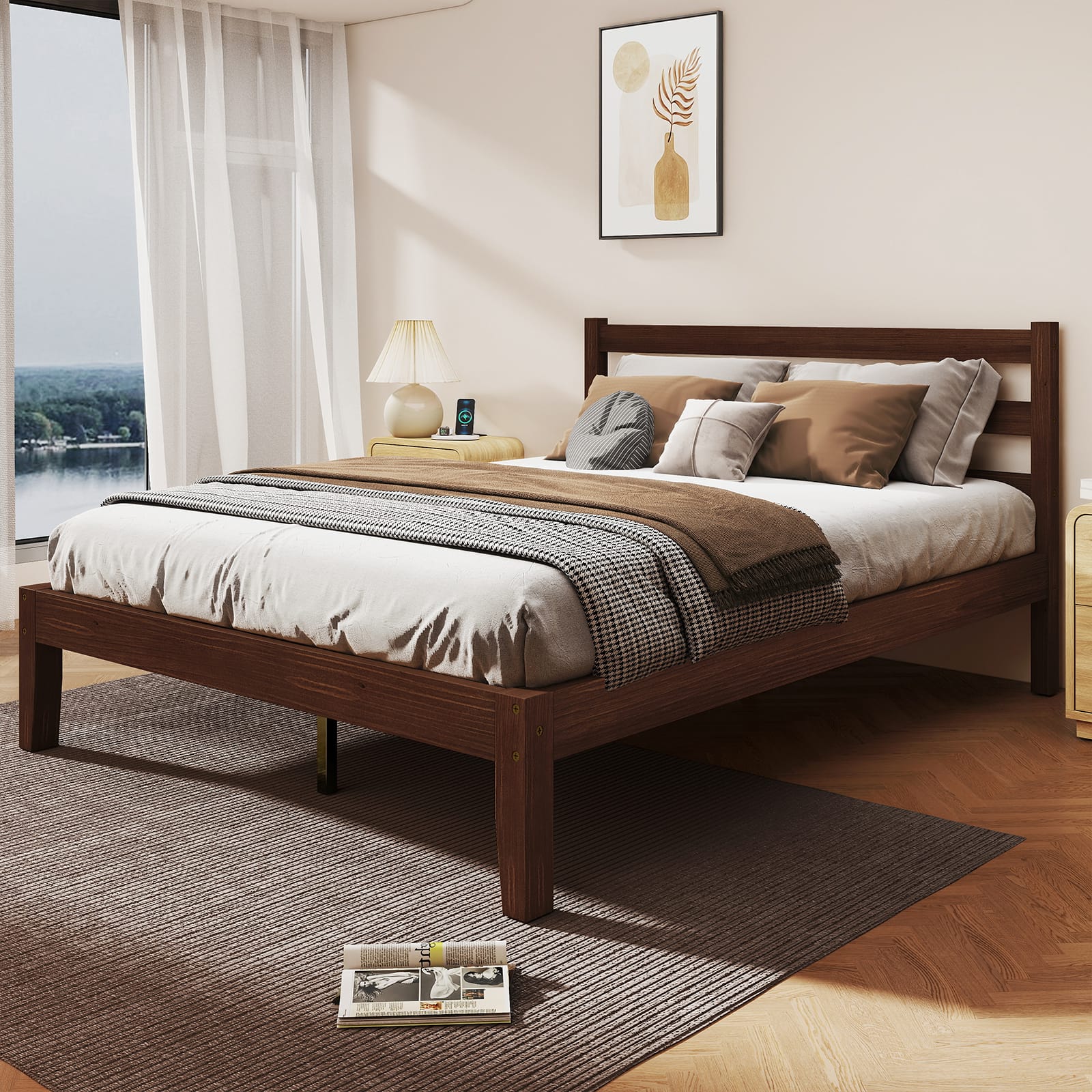 Bestier - Solid Wood Farmhouse Platform Bed Frame with Headboard, No Box Spring Needed, 6.5" Under Bed Storage & Quiet Design - Pine Walnut