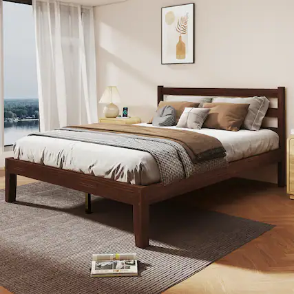 Front. Bestier - Solid Wood Farmhouse Platform Bed Frame with Headboard, No Box Spring Needed, 6.5" Under Bed Storage & Quiet Design - Pine Walnut.