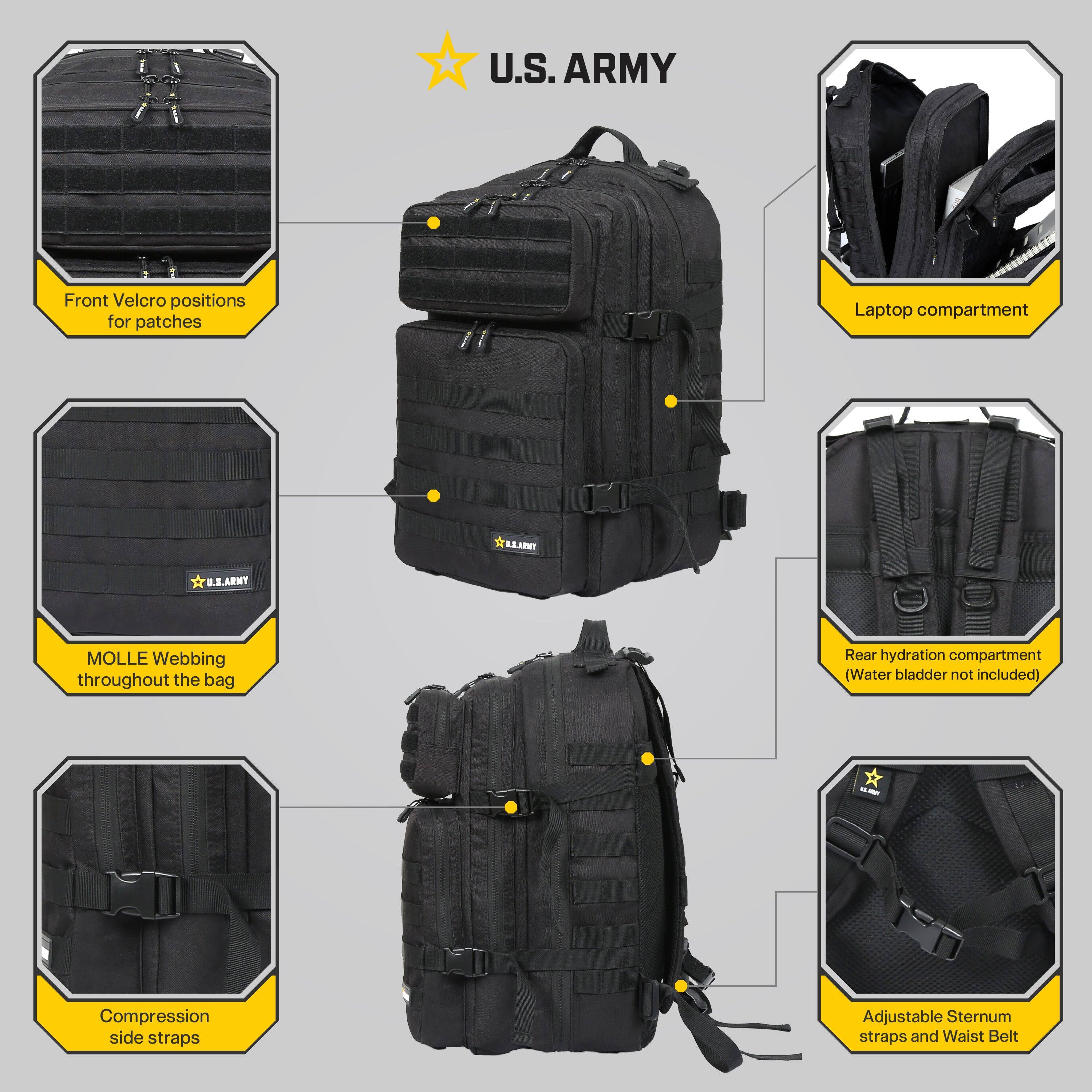 U.S. ARMY

- Front Velcro positions for patches
- Laptop compartment
- Rear hydration compartment (Water bladder not included)
- Compression side straps
- Adjustable Sternum straps and Waist Belt
- MOLLE Webbing throughout the bag