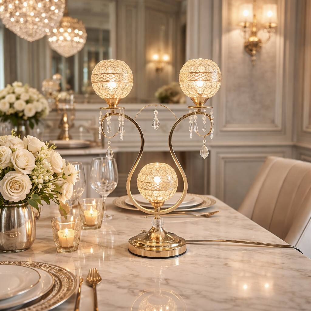 Front. FC Design - 22"H Polished Gold Triple Arm Base w/ Faux Crystal Mesh Shades Touch Lamp.
