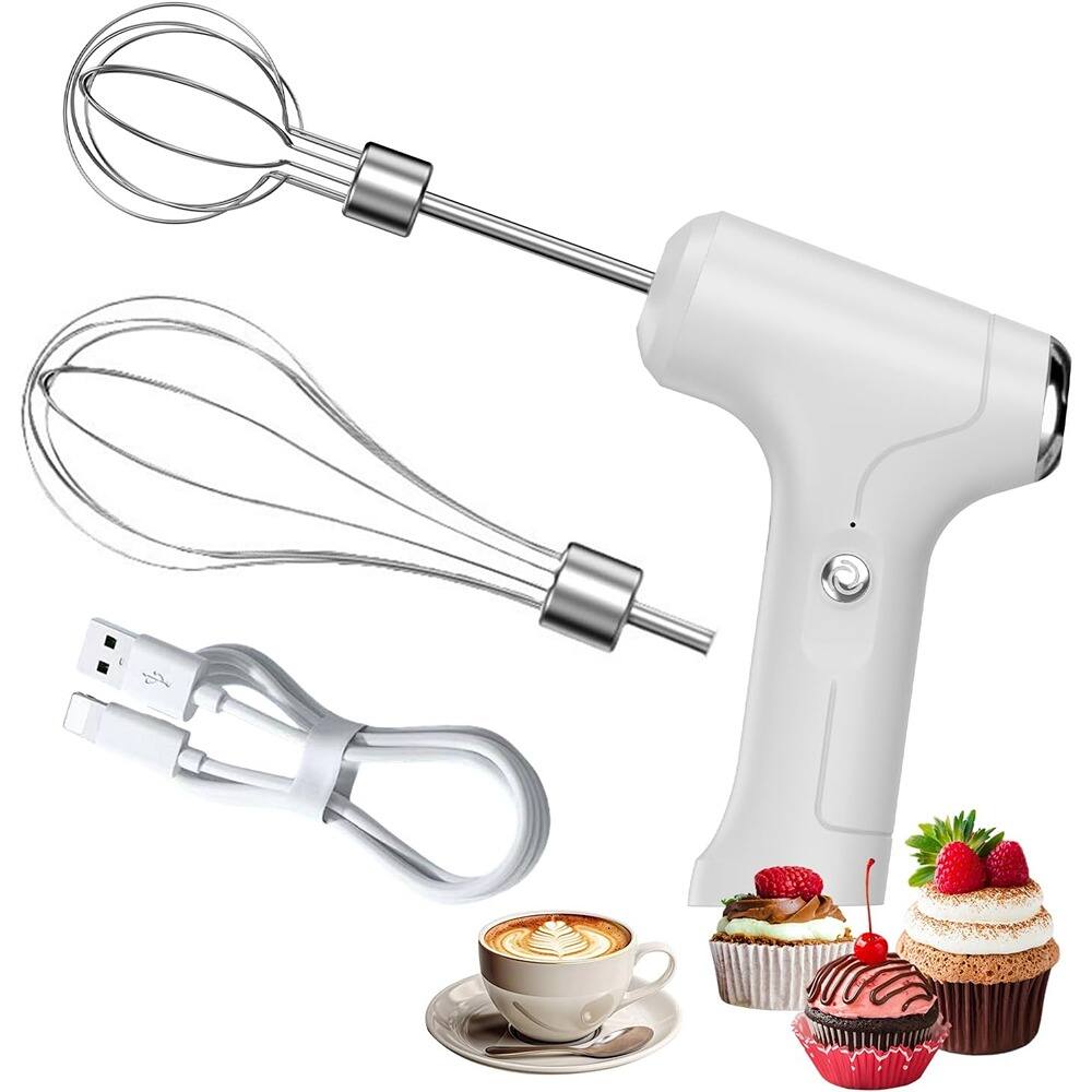 Front. ACJPR - Electric Handheld Mixer, Cordless Mini Turbo Mixer with 2 Stainless Steel Whisks for Baking and Whipping - White.