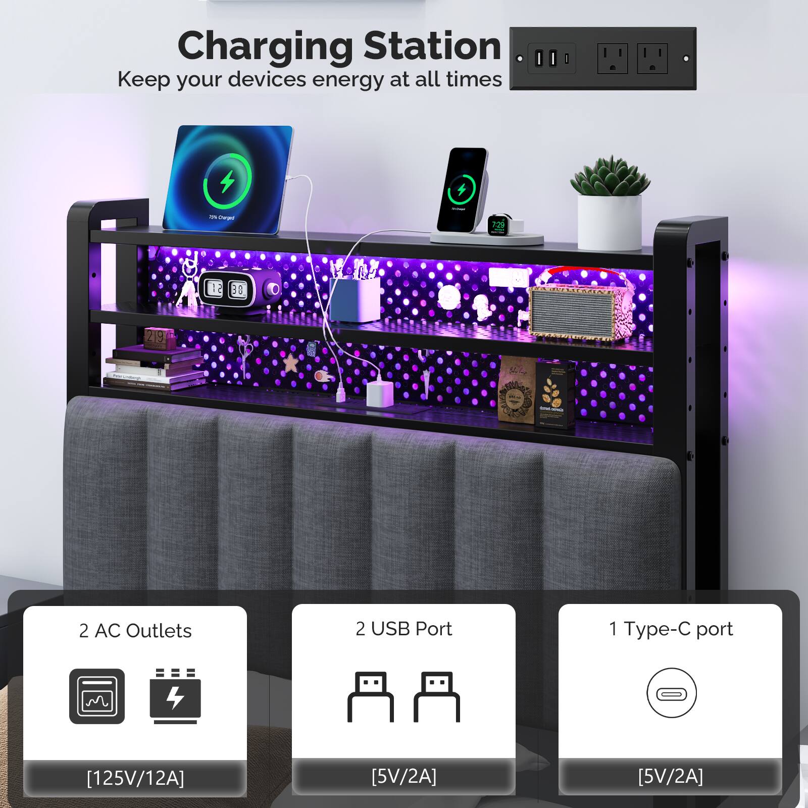 Charging Station  
Keep your devices energy at all times  

- 729 12 2 30 3 219 - 500 I - 1 - 2  
AC Outlets: 2  
USB Port: 2  
Type-C port: 1  

[125V/12A]  
[5V/2A]  
[5V/2A]