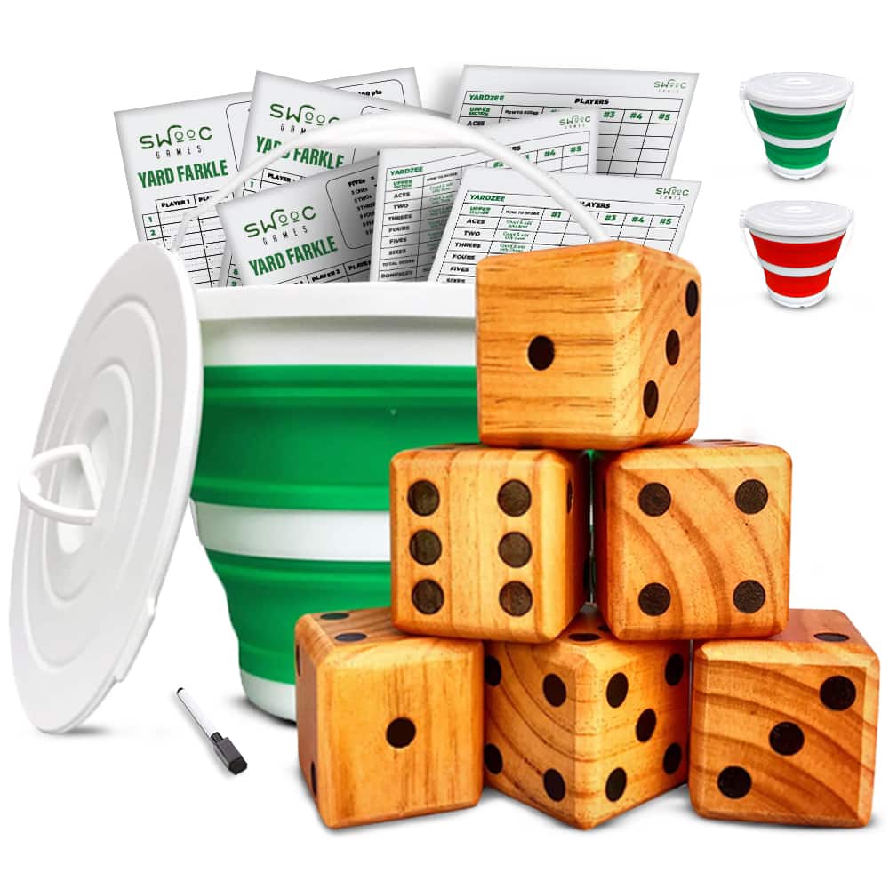 Swooc Games - Yardzee & Yardkle Giant Yard Dice with Collapsible Bucket (6 Dice Set) - Green