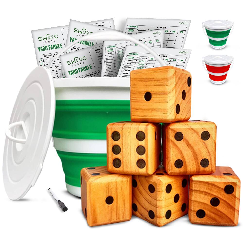 Swooc Games - Yardzee & Yardkle Giant Yard Dice with Collapsible Bucket (6 Dice Set) - Green