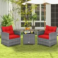 Costway 3 PCS Patio Rattan Furniture Bistro Set Cushioned Sofas Side Table Armrest - Grey + Red - Front_Zoom