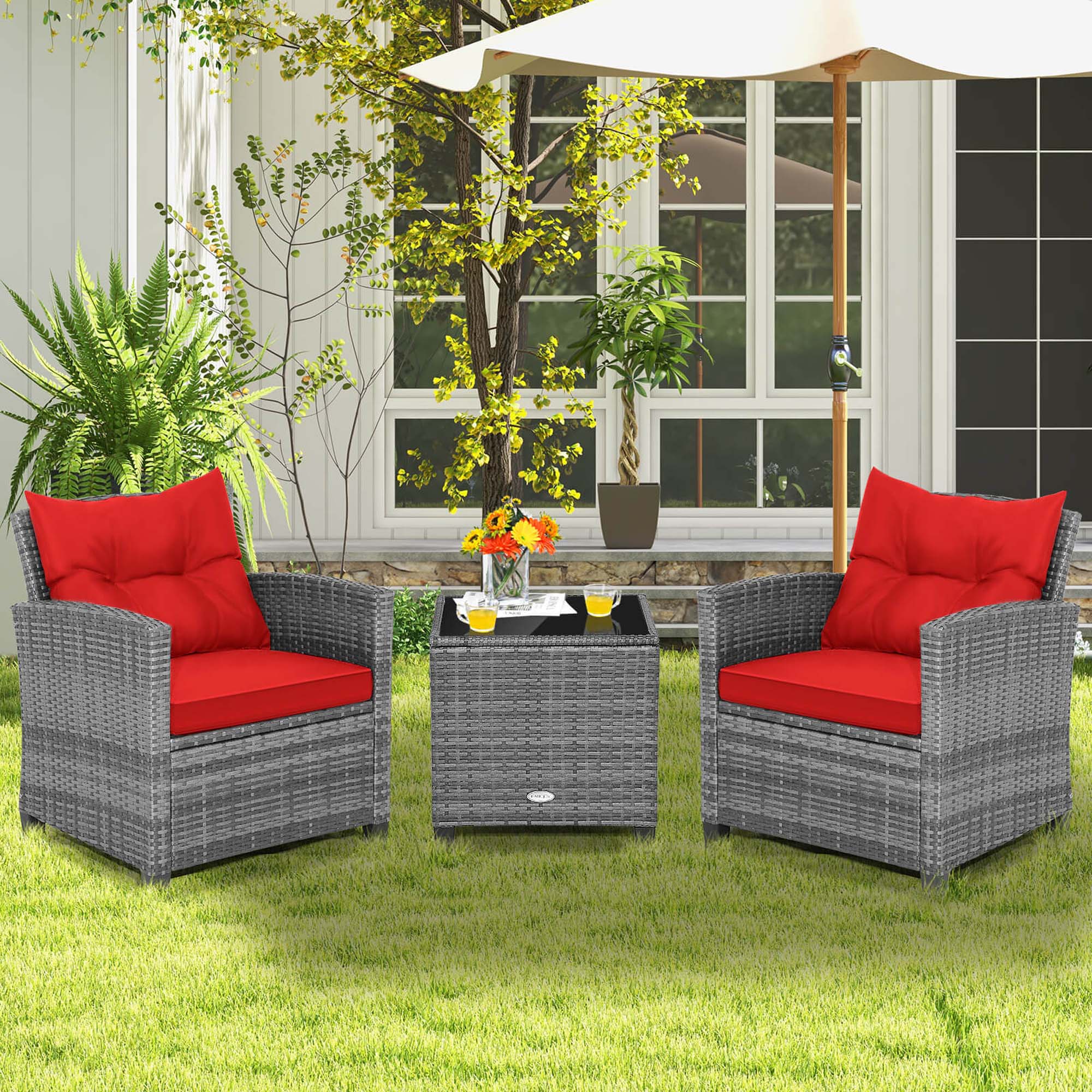 Alt View 1. Costway - 3 PCS Patio Rattan Furniture Bistro Set Cushioned Sofas Side Table Armrest - Grey + Red.