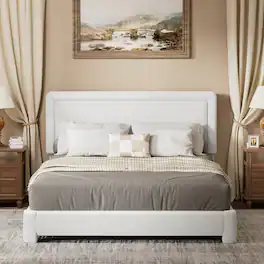 Dyonery - Full-size bed frame, modern White bed frame with adjustable headboard, rounded soft corners,easy assembly. - White