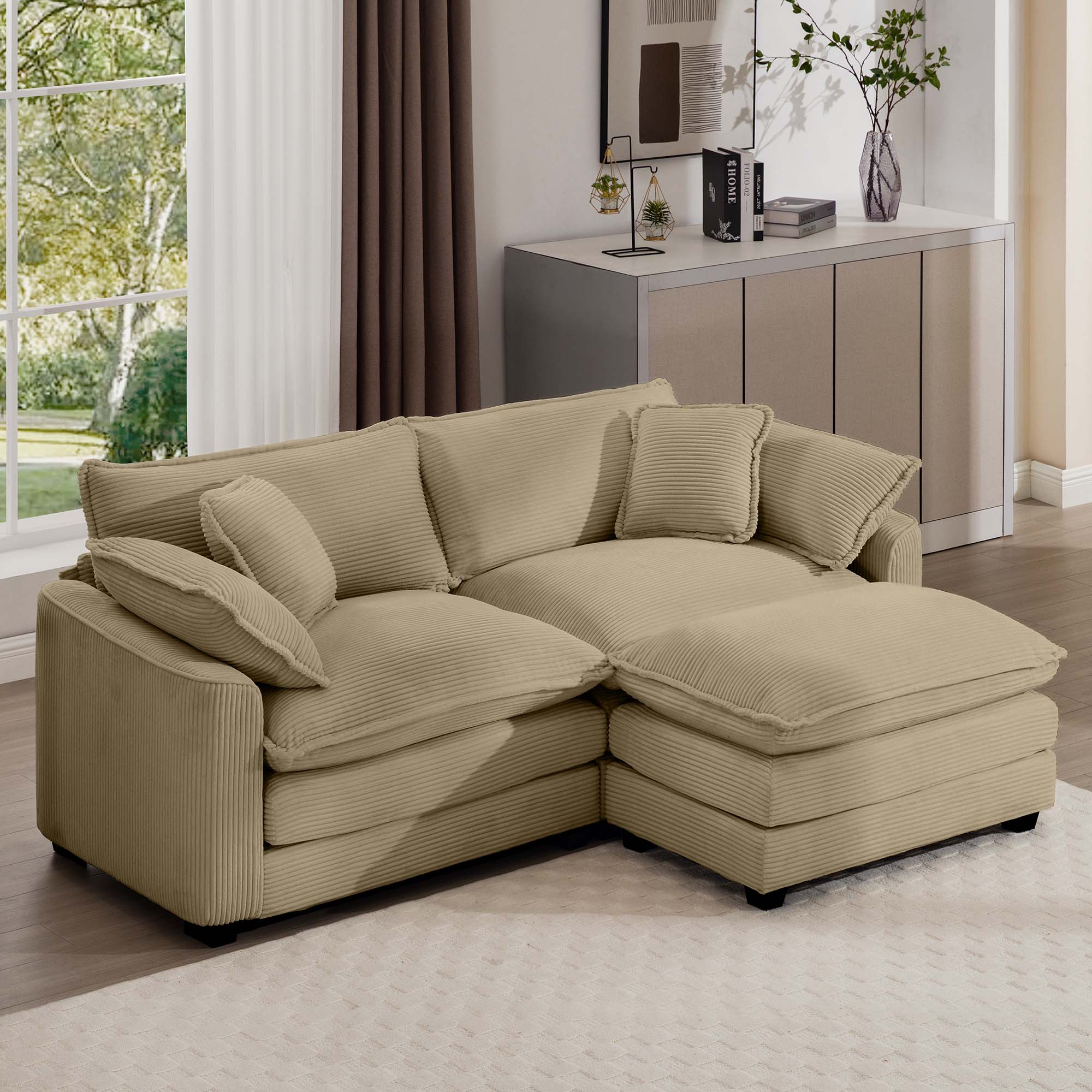 Front. LOVMOR - 2 Seater Corduroy Couch L Shaped Storage Ottoman Easy Assembly Memory Foam For Living Room Bedroom Club Lounge - Tan.