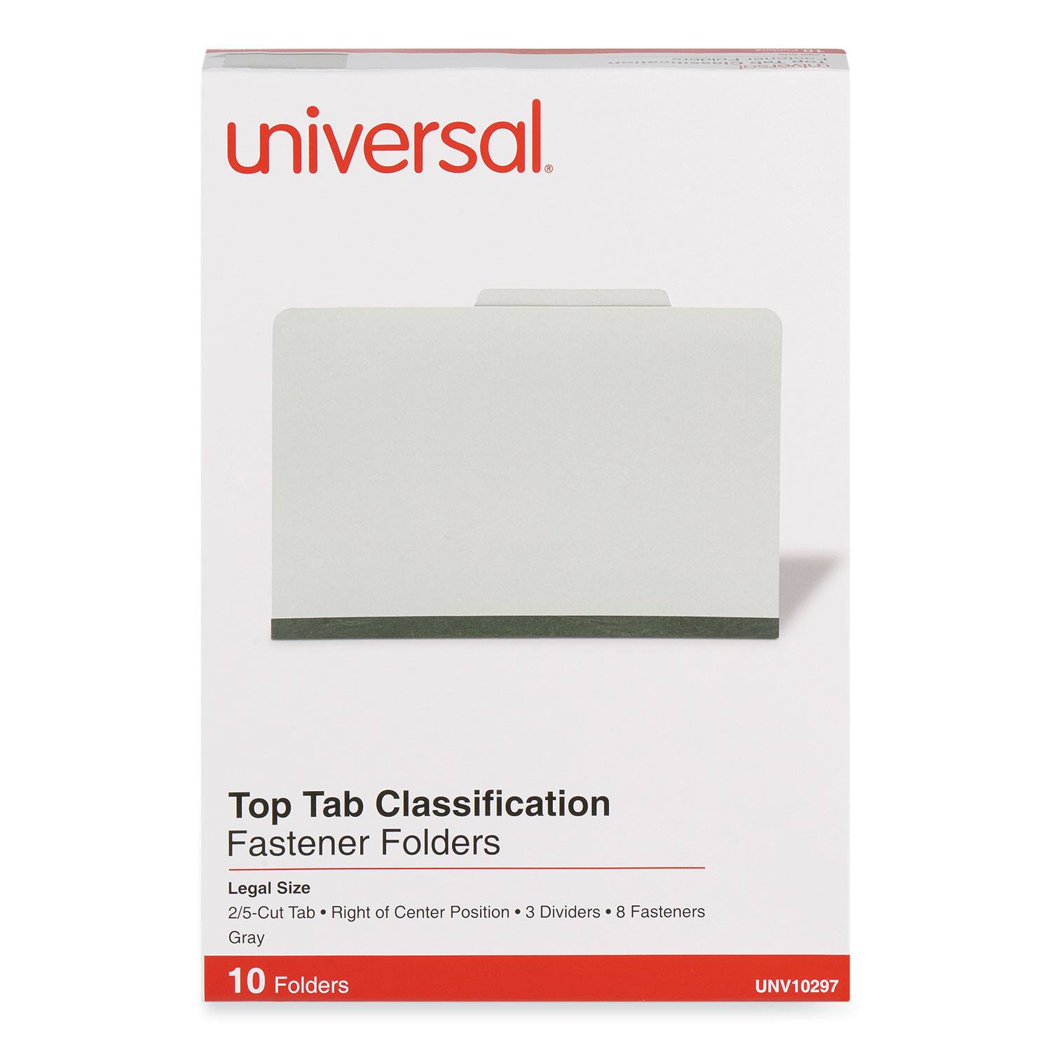 Universal  
Top Tab Classification Fastener Folders  
Legal Size  
2/5-Cut Tab • Right of Center Position • 3 Dividers • 8 Fasteners  
Gray  
10 Folders  
UNV10297