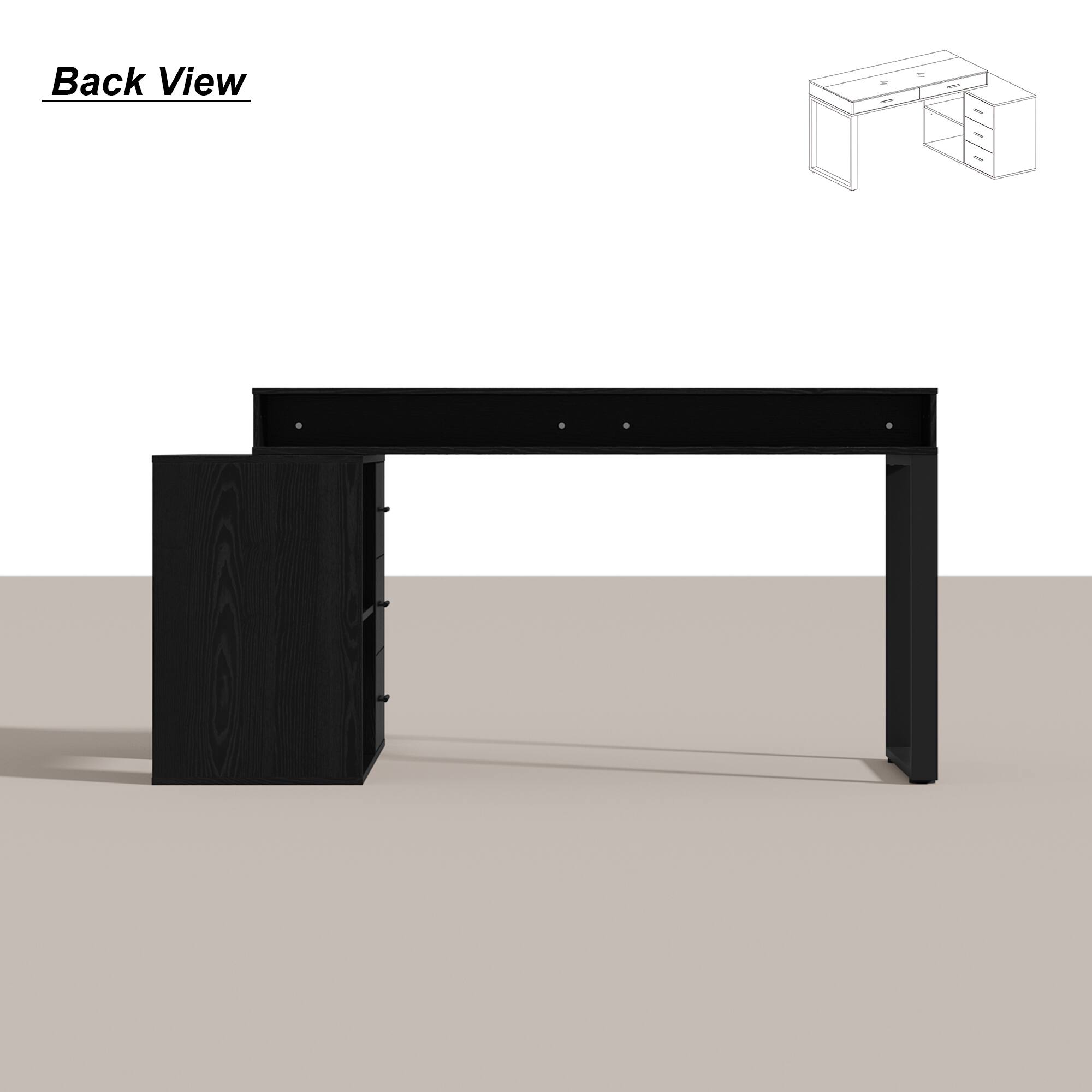 The image features a black desk with a drawer and a shelf. The desk is placed on a white background, and the back view of the desk is visible. The desk is designed to be functional and aesthetically pleasing, making it a great addition to any workspace.