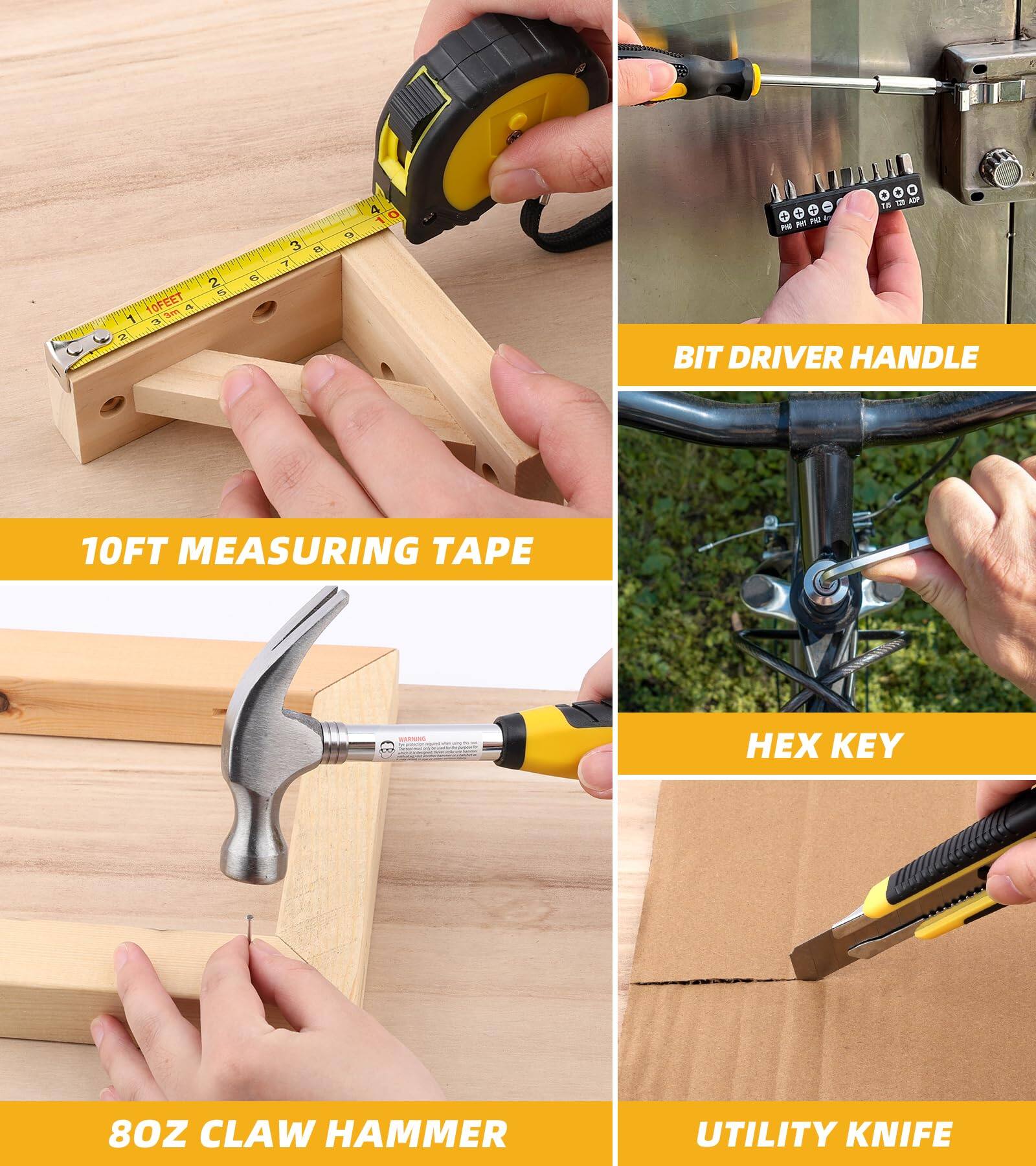 10FT MEASURING TAPE  
BIT DRIVER HANDLE  
8OZ CLAW HAMMER  
HEX KEY  
UTILITY KNIFE