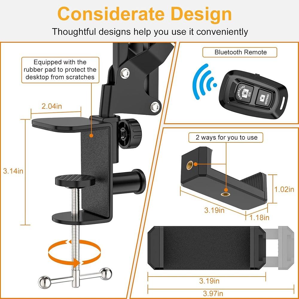 Considerate Design  
Thoughtful designs help you use it conveniently  

- Equipped with the rubber pad to protect the desktop from scratches  
  - 2.04in  
  - 3.14in  

- Bluetooth Remote  

- 2 ways for you to use  
  - 3.19in  
  - 1.02in  
  - 1.18in  
  - 3.19in  
  - 3.97in
