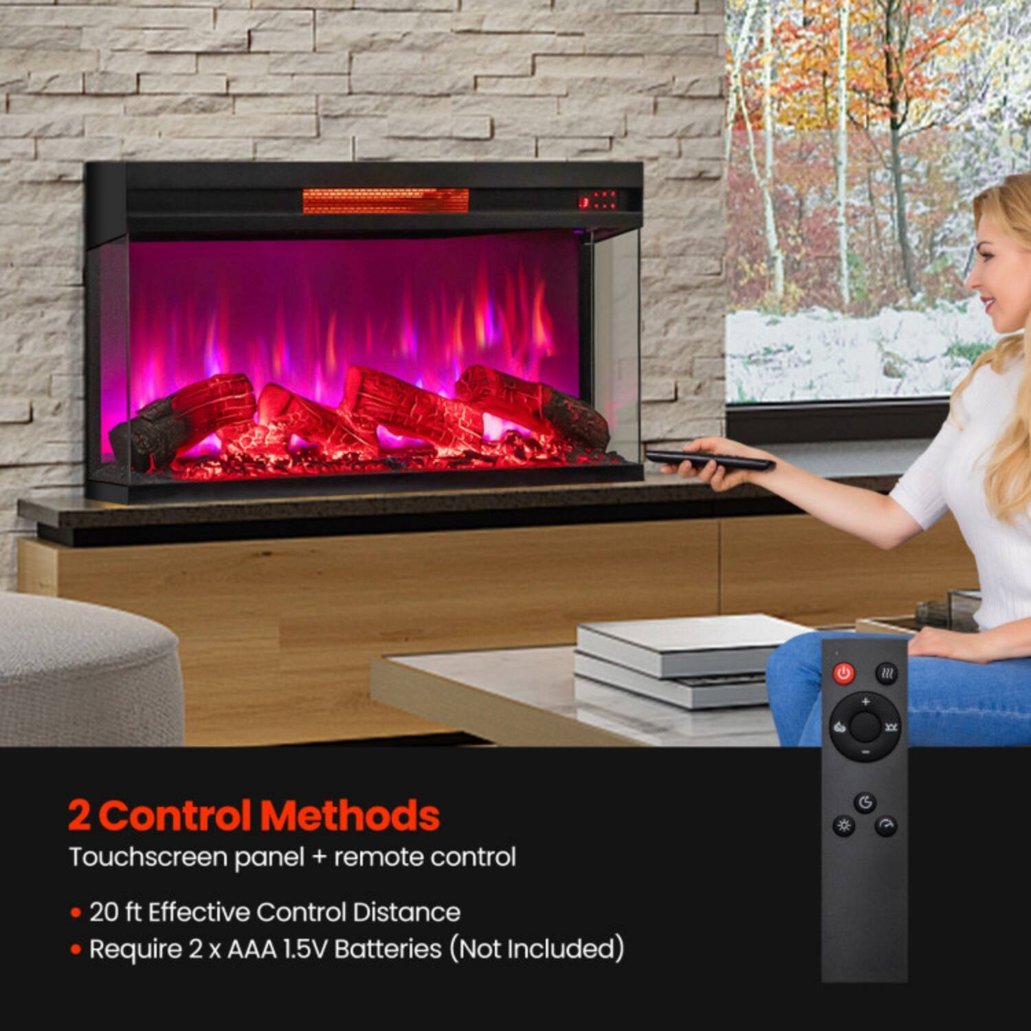 2 Control Methods  
Touchscreen panel + remote control  
- 20 ft Effective Control Distance  
- Require 2 x AAA 1.5V Batteries (Not Included)