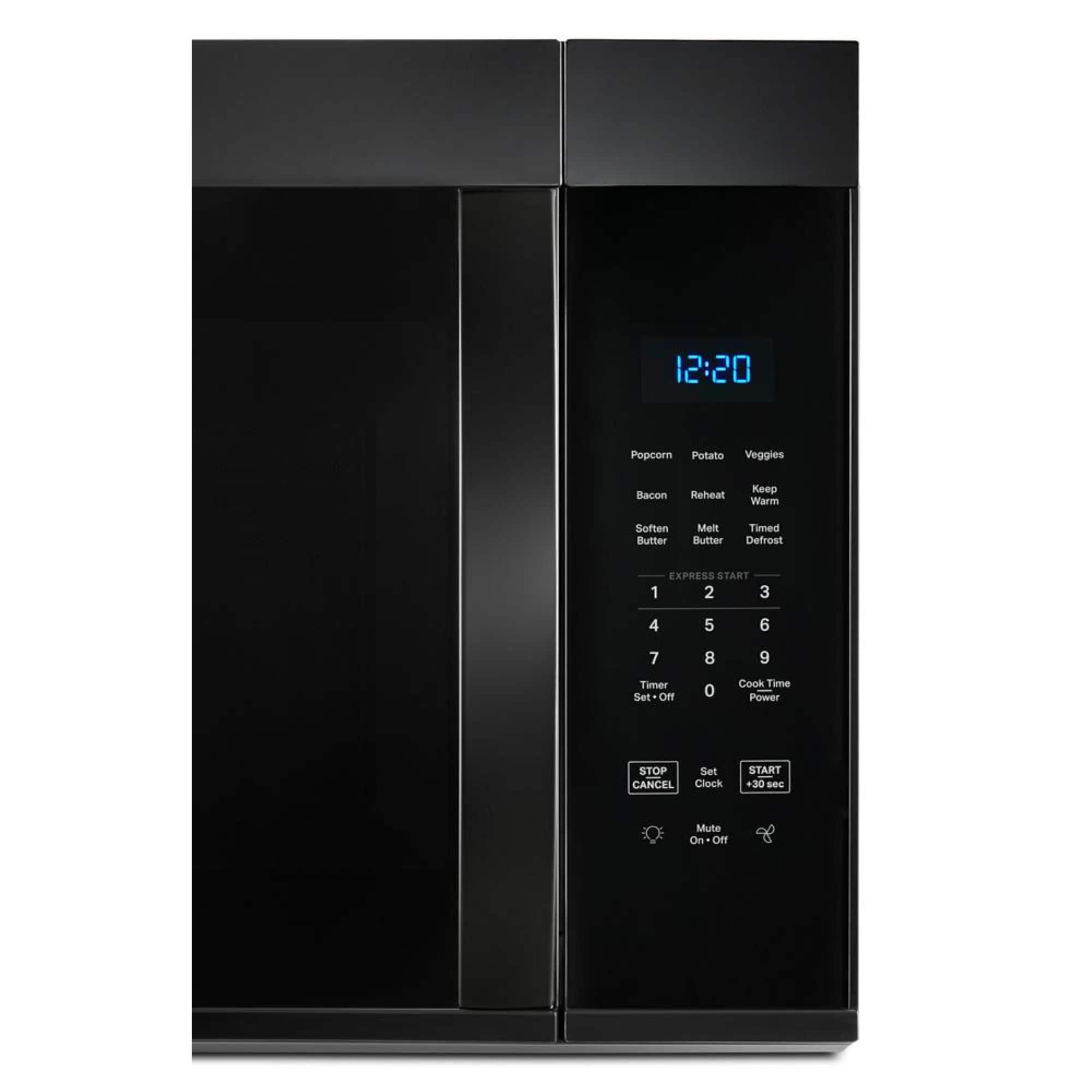 The image shows a black microwave with a digital clock displaying the time of 12:20. The microwave has various buttons, including a "Reheat" button, a "Keep Warm" button, a "Soften" button, and a "Meil" button. There is also a "Butter" button, a "Timed Defrost" button, and an "Express Start" button. The microwave has a timer that can be set to 1, 2, 3, 4, 5, 6, 7, 8, 9, or 10 minutes. The "Power" button can be used to control the microwave's power, and the "Stop" button can be used to stop the microwave from operating. The "Set CANCEL" button can be used to cancel a previous setting, and the "Clock" button can be used to set the time on the microwave. The "Start +30 sec" button can be used to add 30 seconds to the cooking time, and the "Mute" button can be used to mute the microwave's sound.