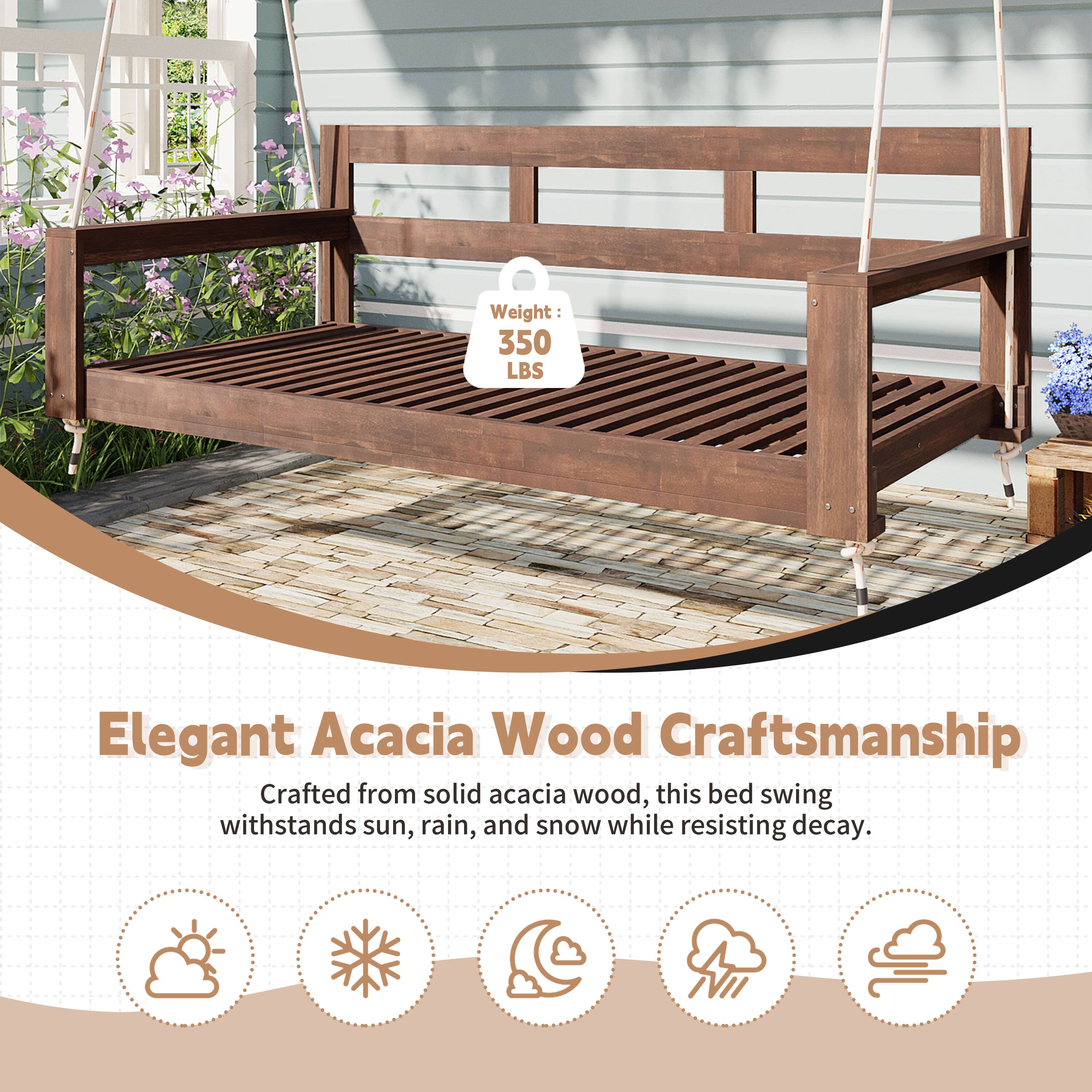 Weight: 350 LBS

Elegant Acacia Wood Craftsmanship

Crafted from solid acacia wood, this bed swing withstands sun, rain, and snow while resisting decay.