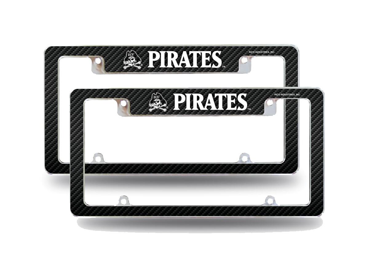 East Carolina Pirates (Set of 2) Chrome Metal License Plate Frames with Carbon Fiber Design