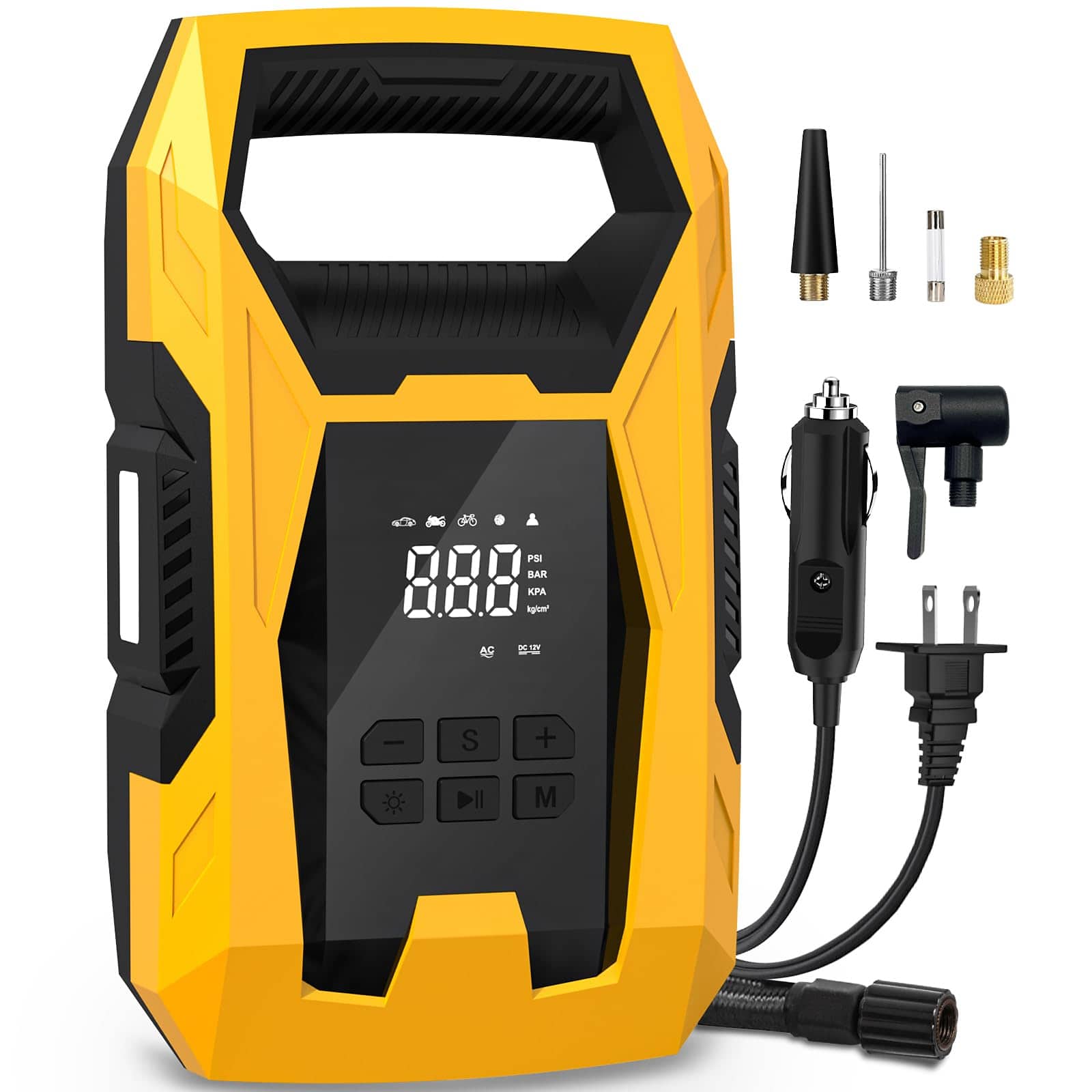 JETRANSPORT - Ac/dc Tire Inflator Portable Air Compressor Dual Power For Home 110v Ac And Car 12v Dc Pump With Gauge Auto - Yellow