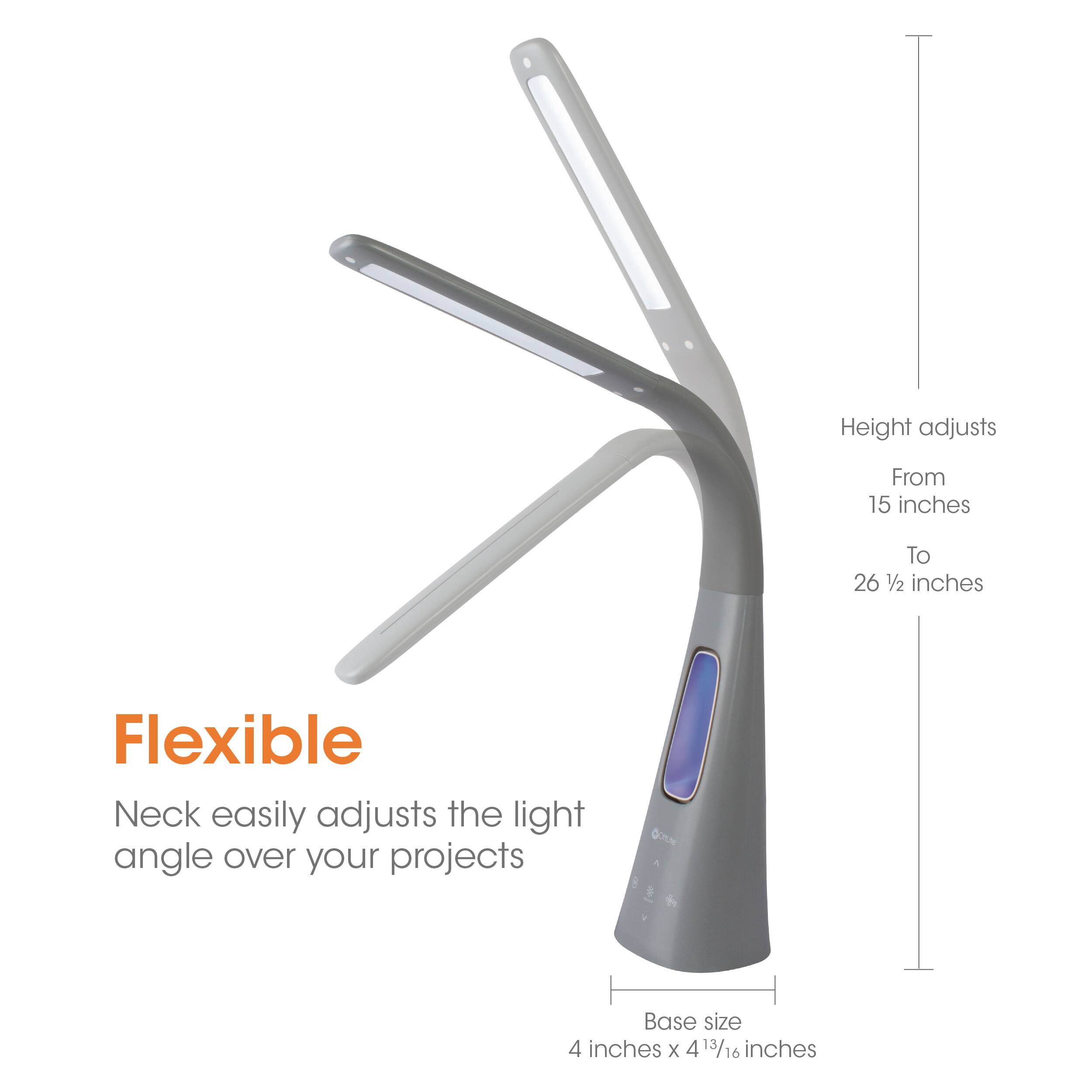 The image features a flexible neck lamp that can adjust its height from 15 inches to 26 1/2 inches. The lamp's neck easily adjusts the light angle over your projects, providing optimal illumination for various tasks. The base size of the lamp is 4 inches x 4 13/16 inches, ensuring stability and a secure fit on your work surface.