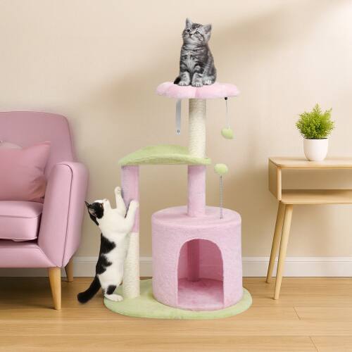Alt View 7. Winado - 33in Cat Tree Tower with Cat Scratching Post Condo 2-Toy Balls Pink House for Indoor - Pink & Green.