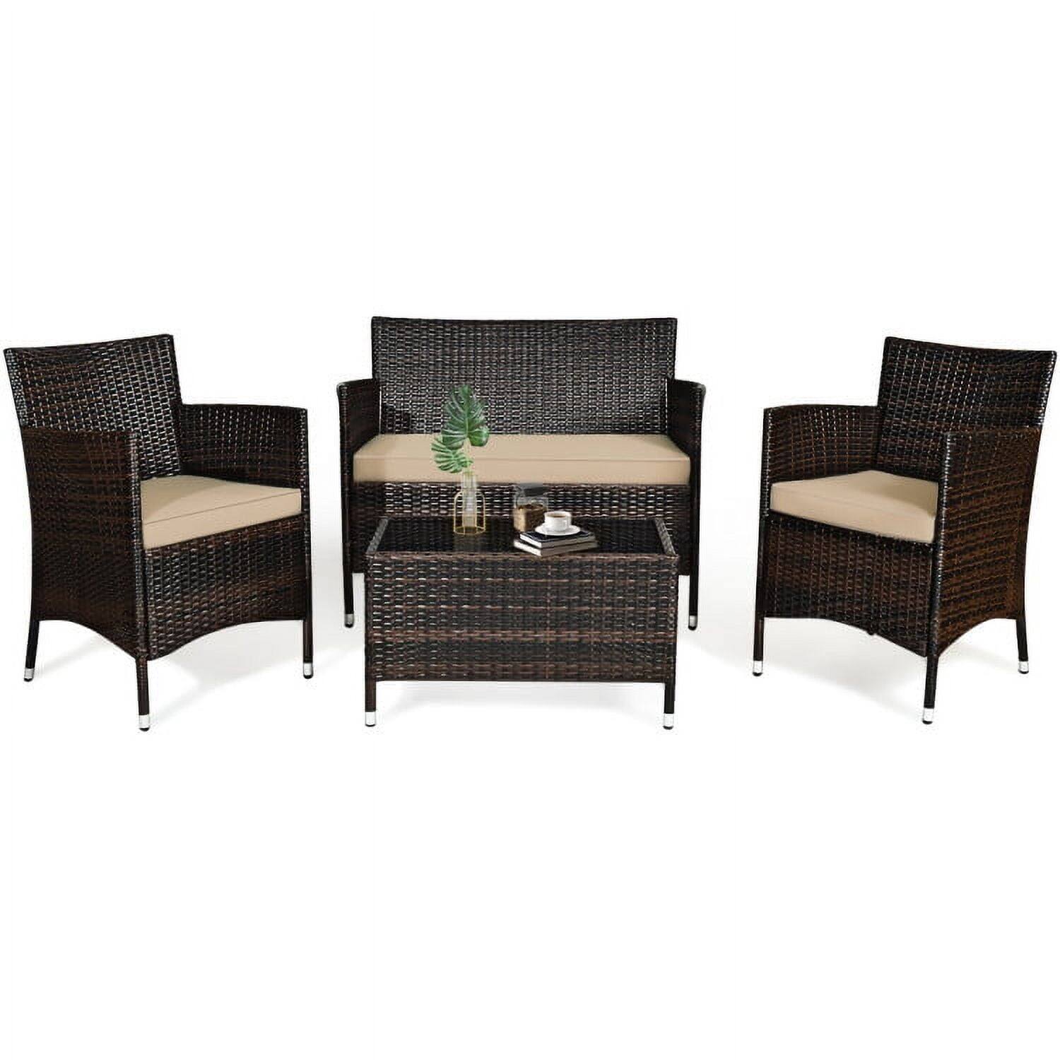 Left. Kadyn - 4 Pcs Comfortable Outdoor Rattan Sofa Set Garden Conversation Sets with Glass Coffee Table-Beige & Red - Beige.