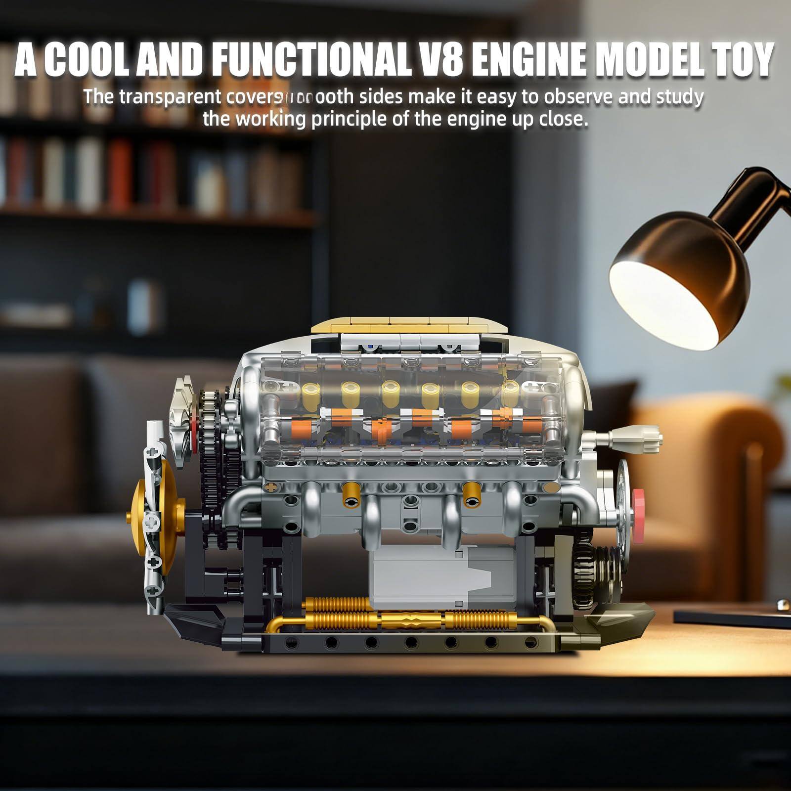 A COOL AND FUNCTIONAL V8 ENGINE MODEL TOY

The transparent covers on both sides make it easy to observe and study the working principle of the engine up close.