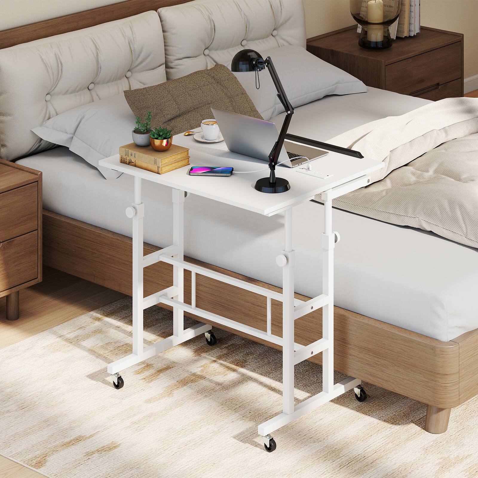 Alt View 1. Costway - Costway Mobile Stand up Computer Desk Rolling Standing Laptop Cart with 2 Tilting Desktops Height Adjustable - White.